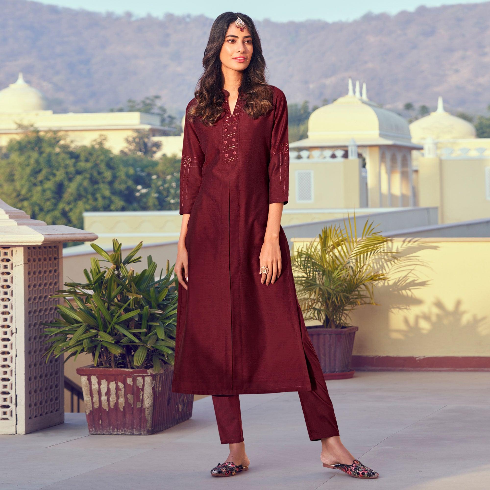 Peachmode Seller Maroon Sequins Embroidered Art Silk Kurti Pant Set - view 2