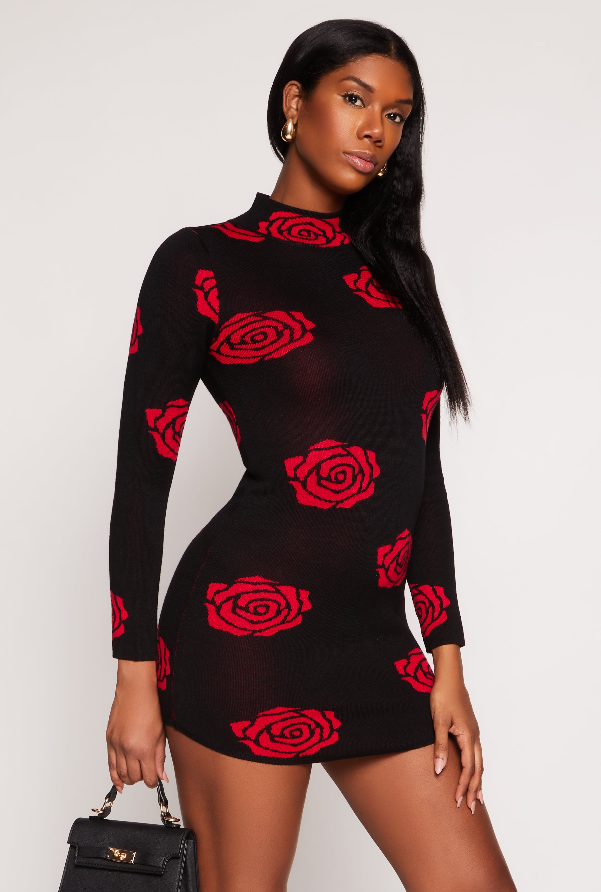 Rainbow Shops Rose Print Mini Sweater Dress – Women's