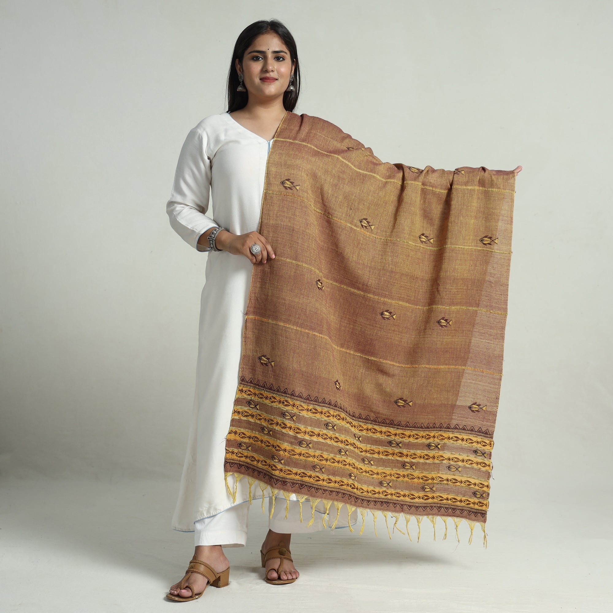 ASALKAAR Brown - Bengal Kantha Embroidery Khes Handwoven Cotton Dupatta with Tassels 135