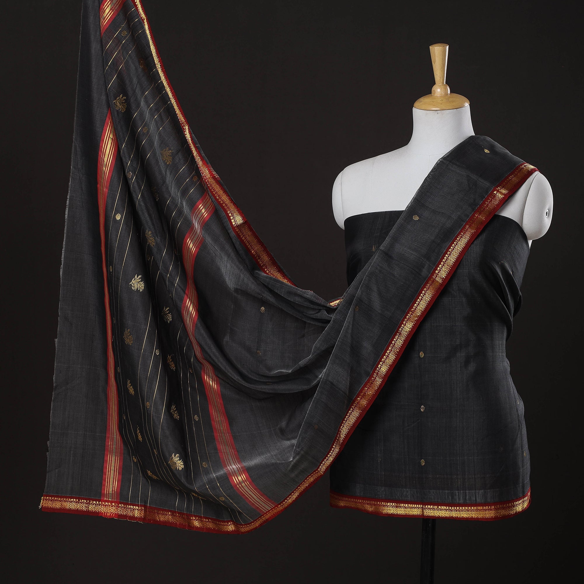 ITOKRI CRAFTS INITIATIVE Black - 3pc Chanderi Silk Handloom Nakshi Zari Suit Material Set