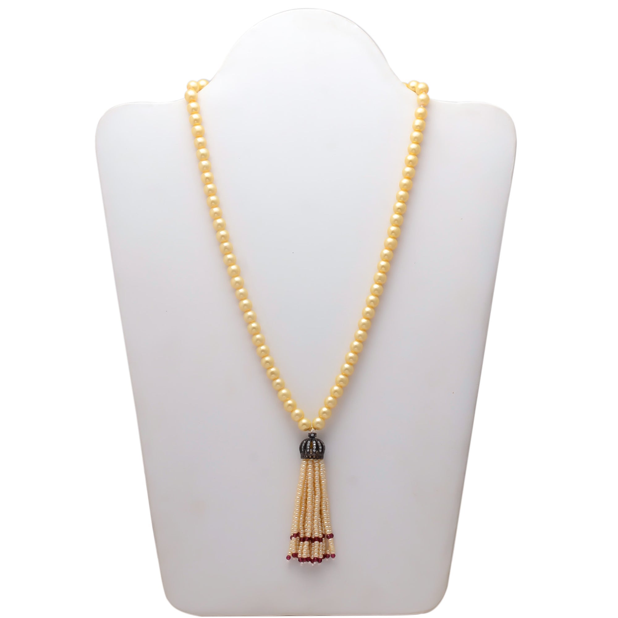 Peachmode Cream Pearl Mala With Red Hangings
