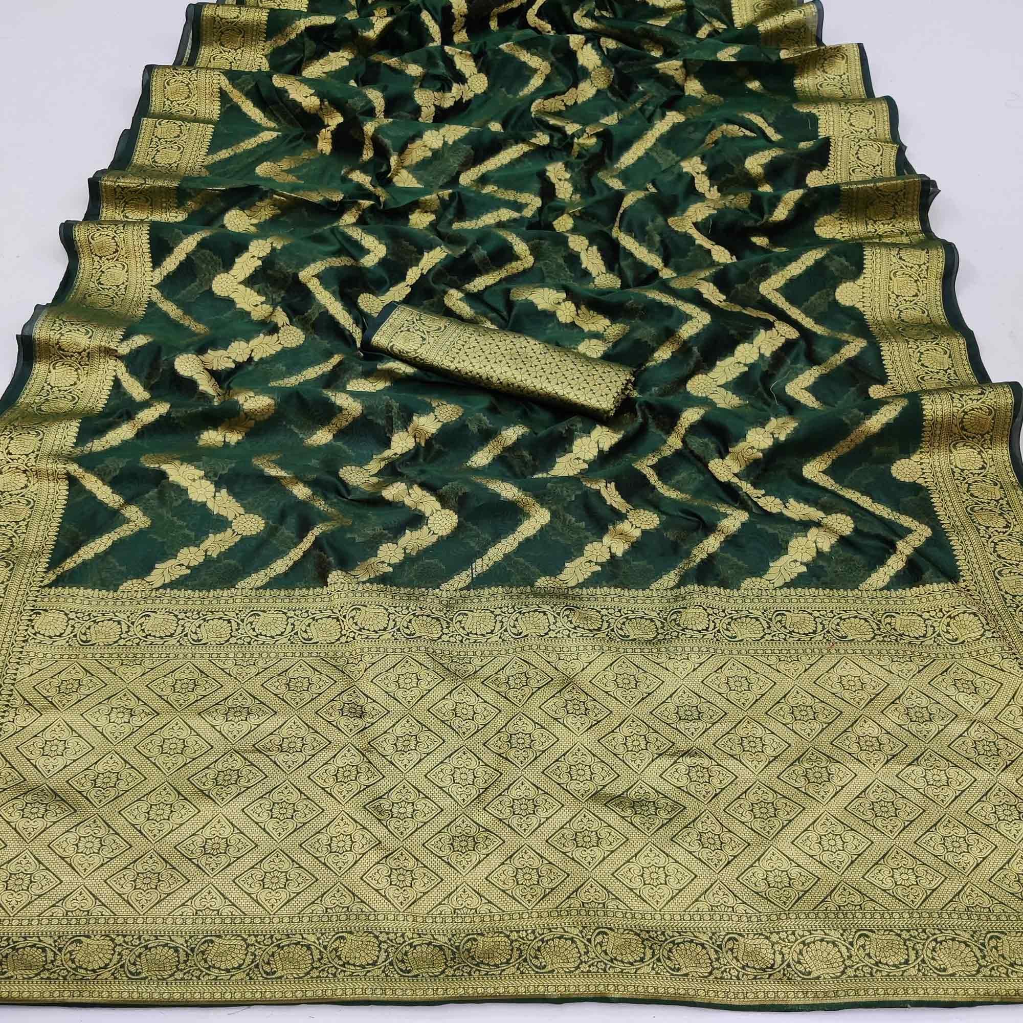 Peachmode Bottle Green Festive Wear Floral Woven Soft Organza Saree - view 2