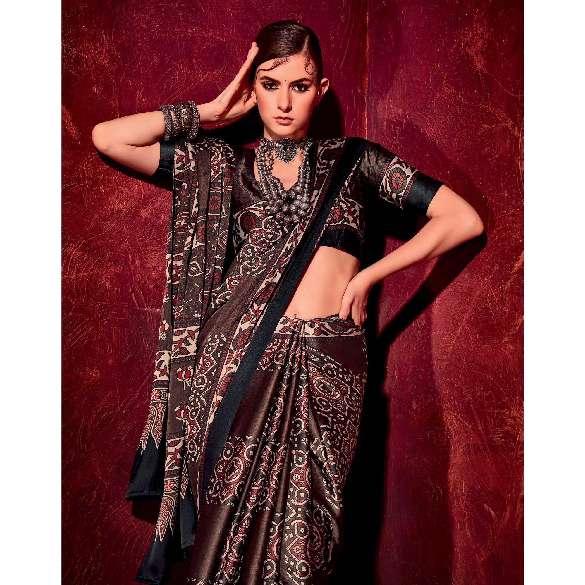 Peachmode Dark Brown Printed Satin Saree – Women's - view 3