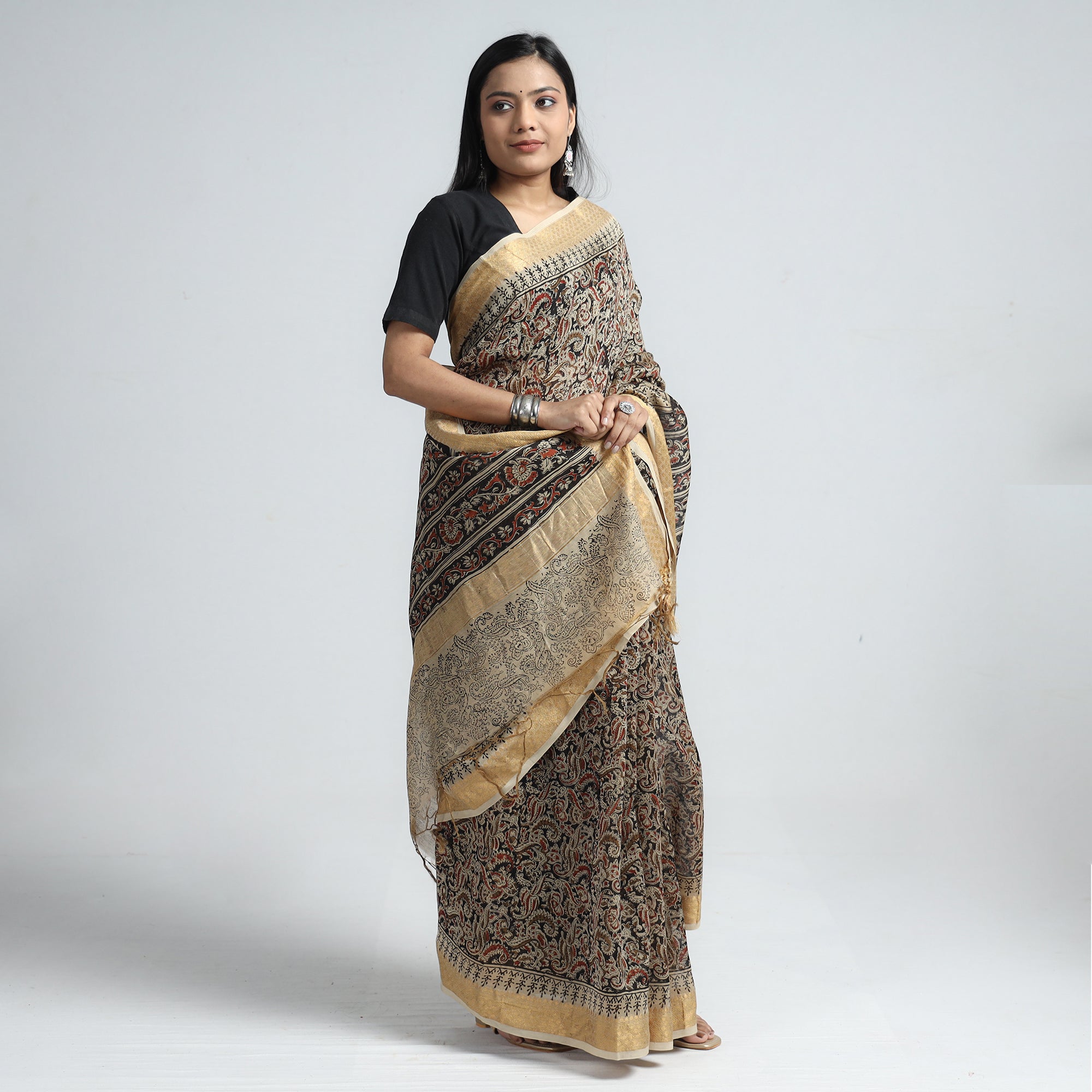 VENKATA BHANU KALAMKARI PEDANA Black - Original Pedana Kalamkari Block Print Silk Saree - view 2