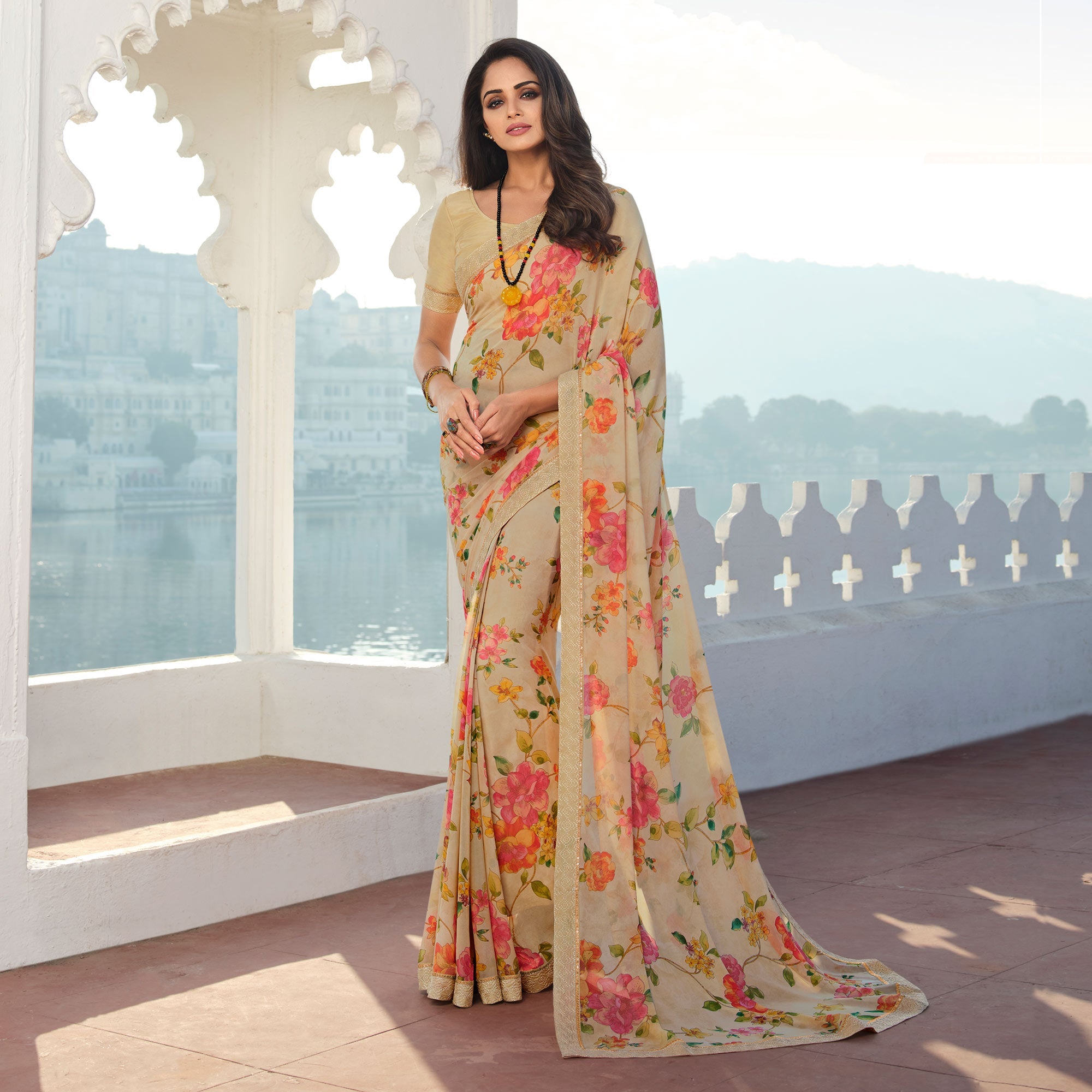Peachmode Cream Floral Printed With Embroidered Border Georgette Saree