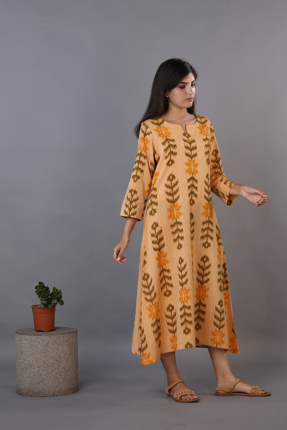 Kalanjali Ethnics Honey beige hand woven cotton Ikat kurti - view 4