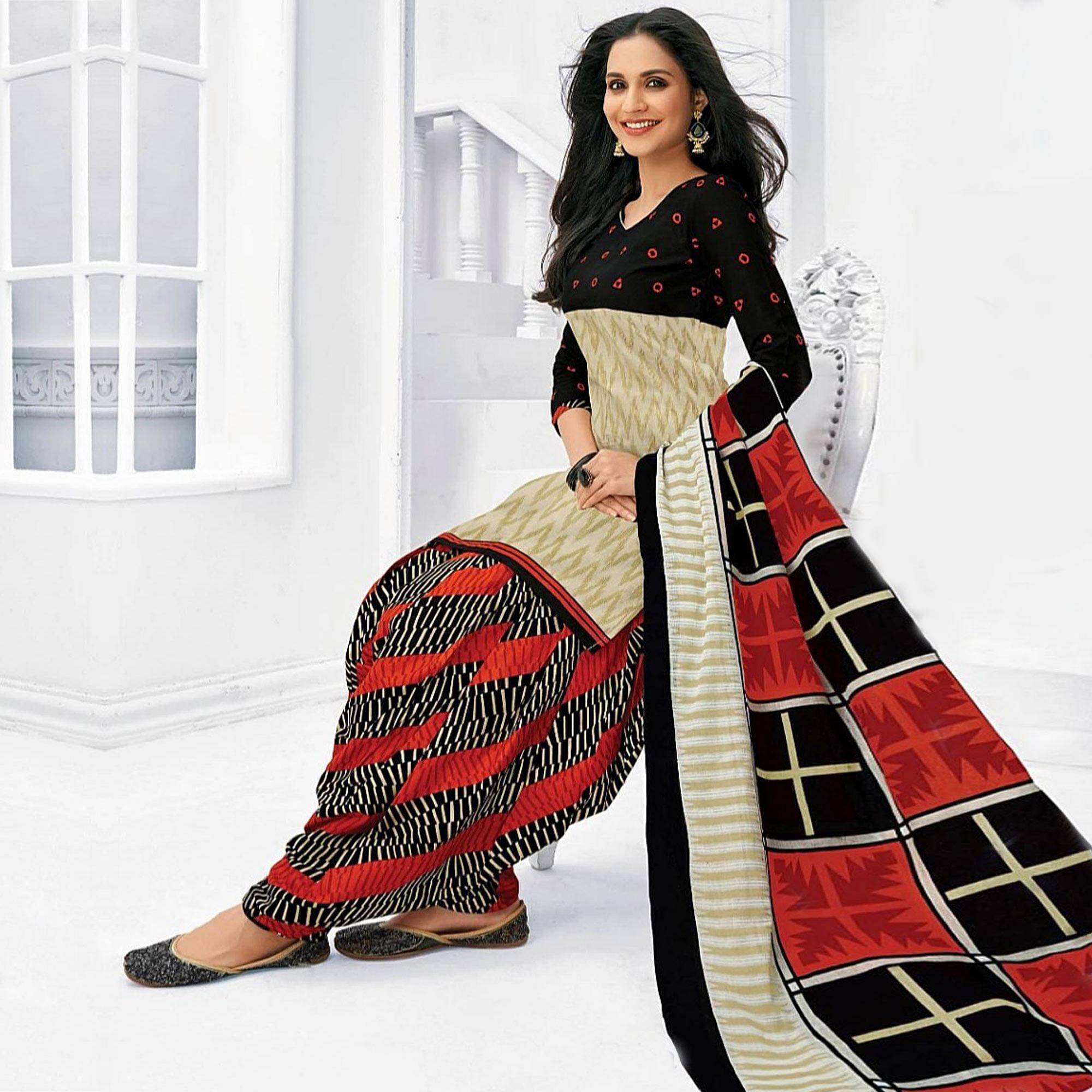 Peachmode Seller Breathtaking Black - Cream Colored Casual Wear Printed Cotton Stitched Patiala Suit