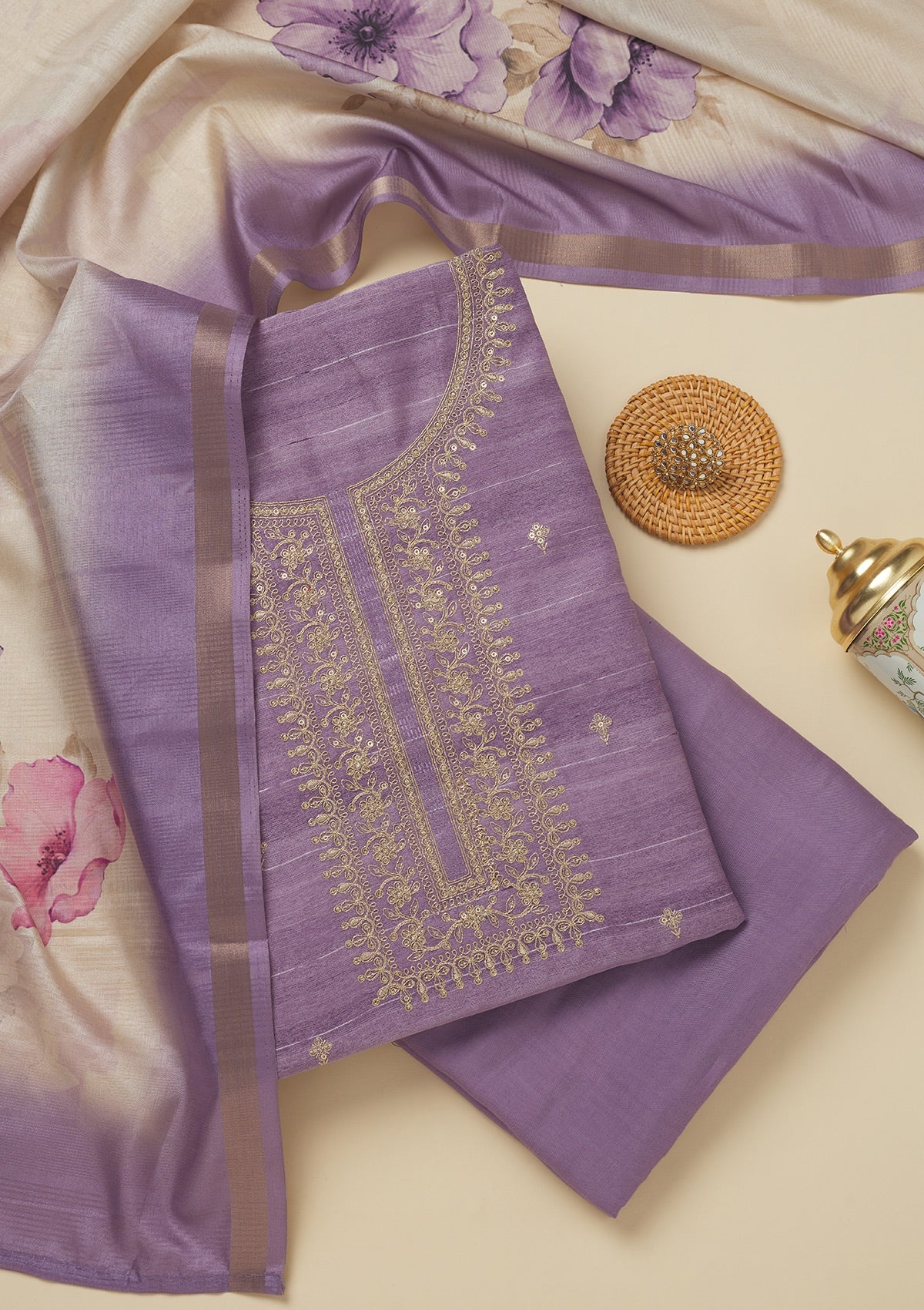 Koskii Purple Zariwork Raw Silk Unstitched Salwar Suit