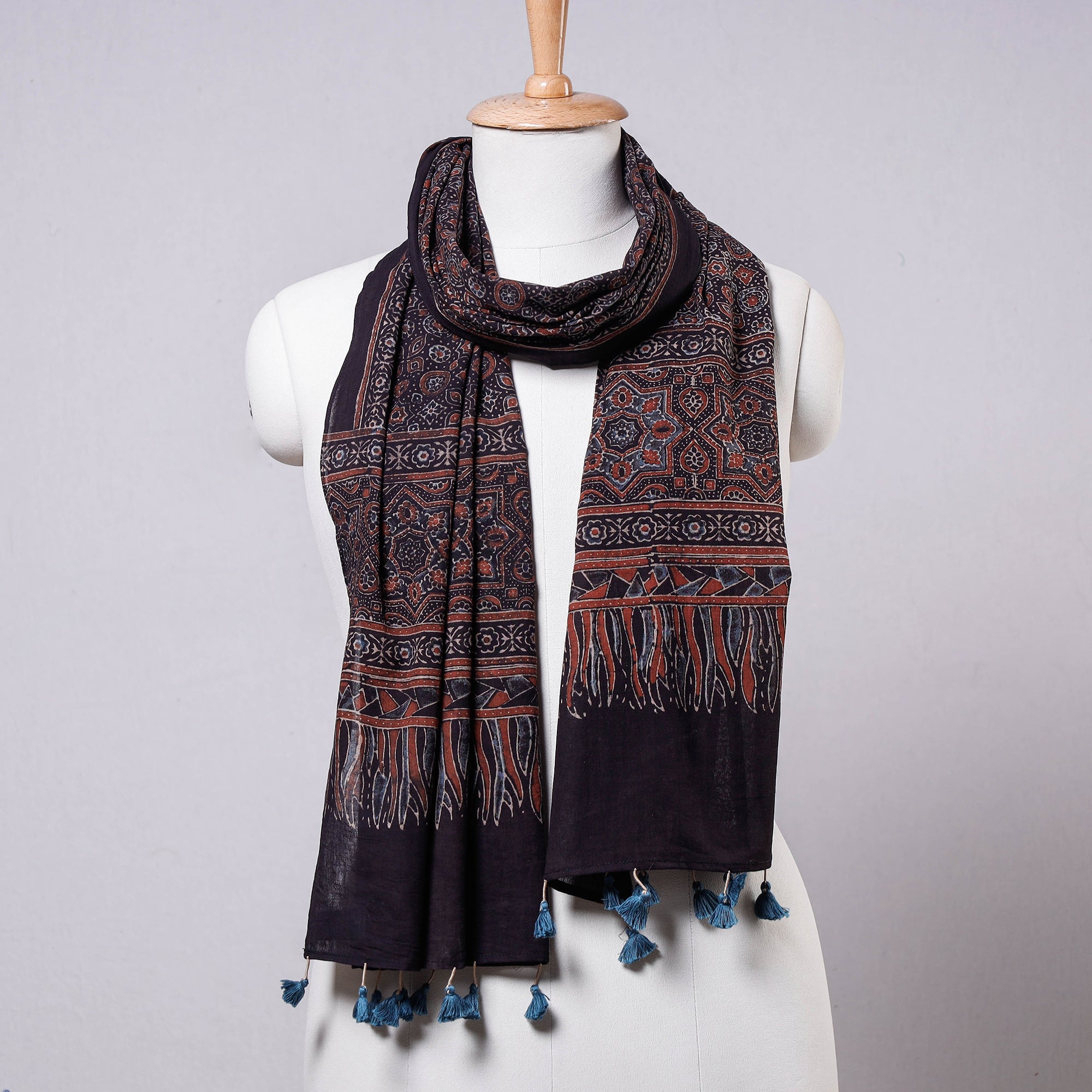 AJRAKH BY JABBAR KHATRI Black - Ajrakh Block Printed Mul Cotton Stole with Tassels