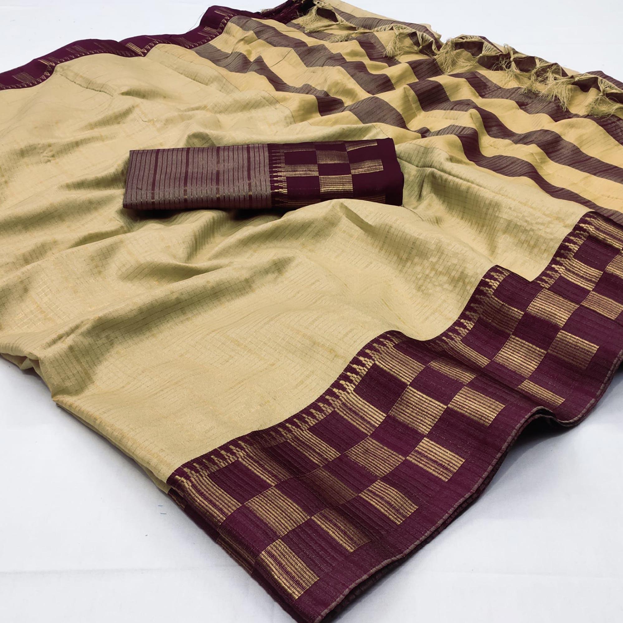 Peachmode Chikoo Woven Cotton Silk Saree – Women's