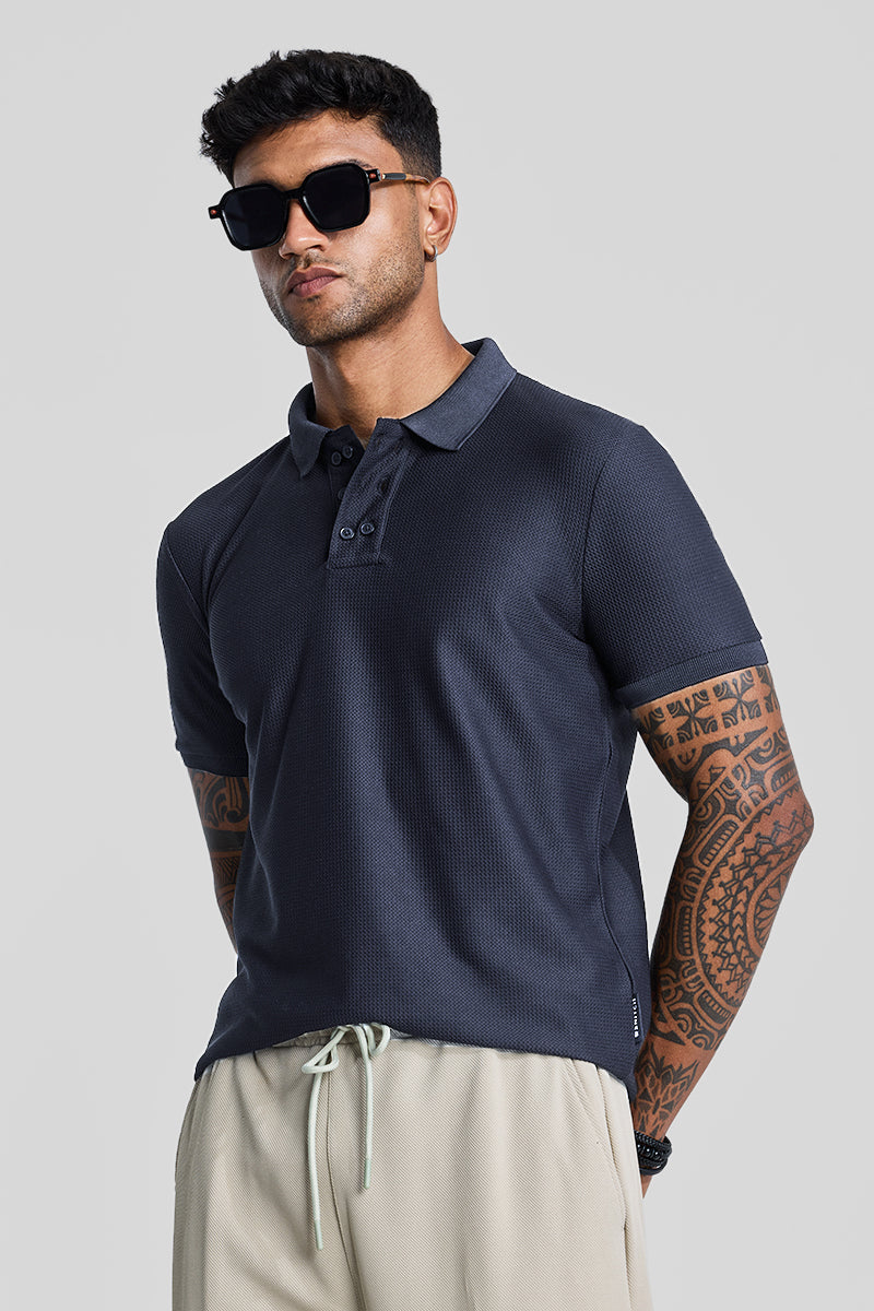 SNITCH Navy Textured Polo T-Shirt
