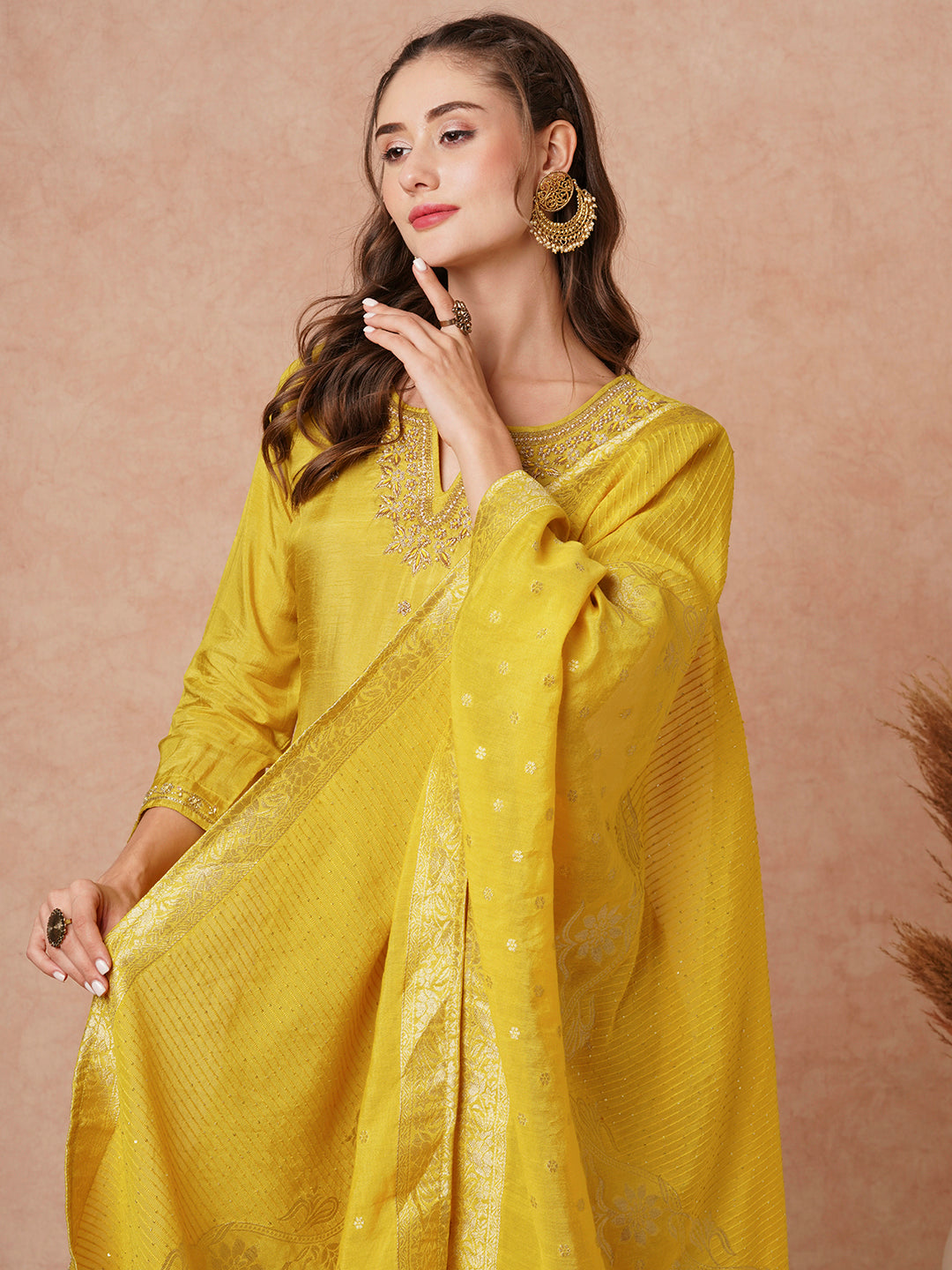 Fashor Solid Hand Embroidered Kurta with Pant & Woven Jacquard Dupatta - Mustard - view 2