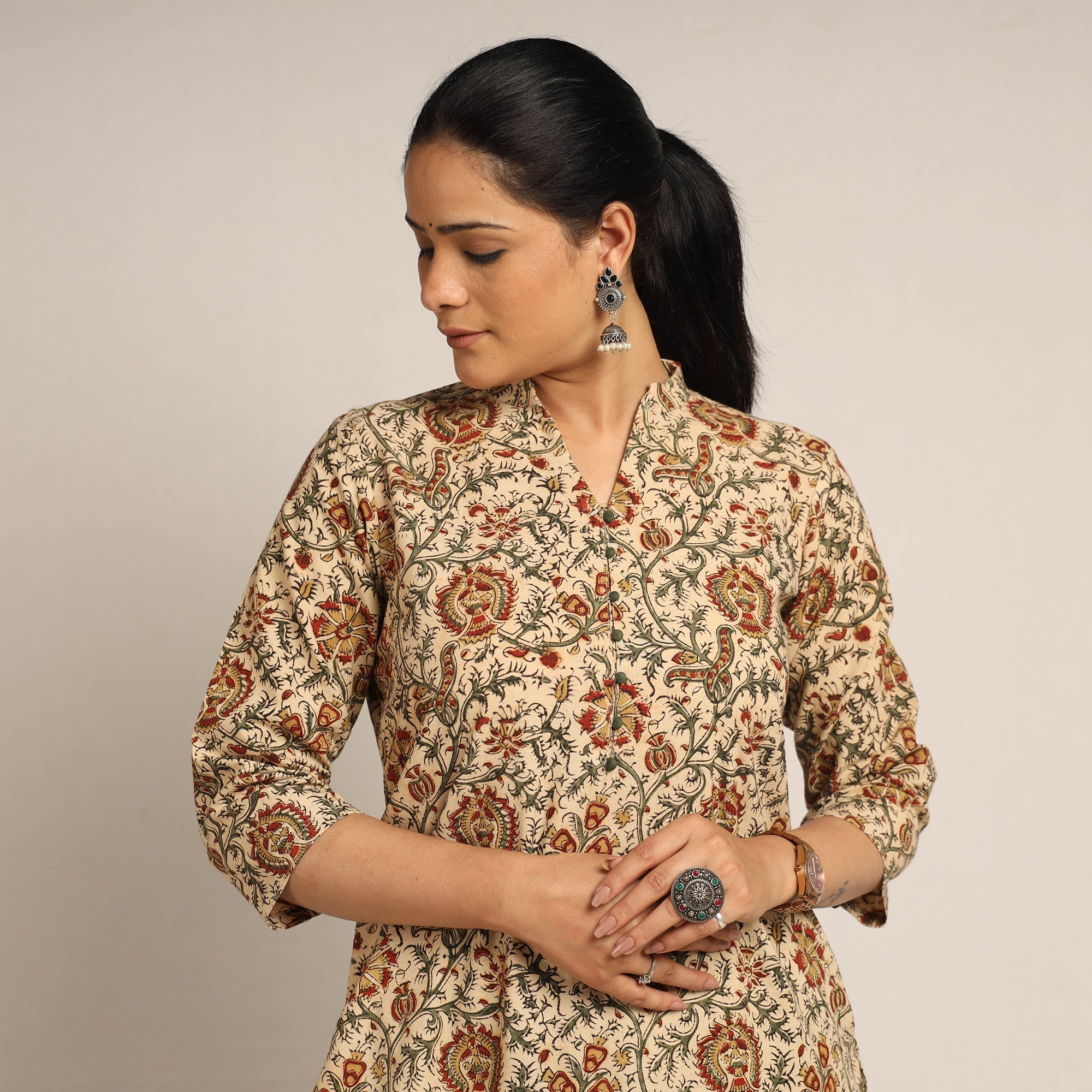 ITOKRI CASUALS Beige - Pedana Kalamkari Block Printed Cotton Kurta with Palazzo Set - view 3