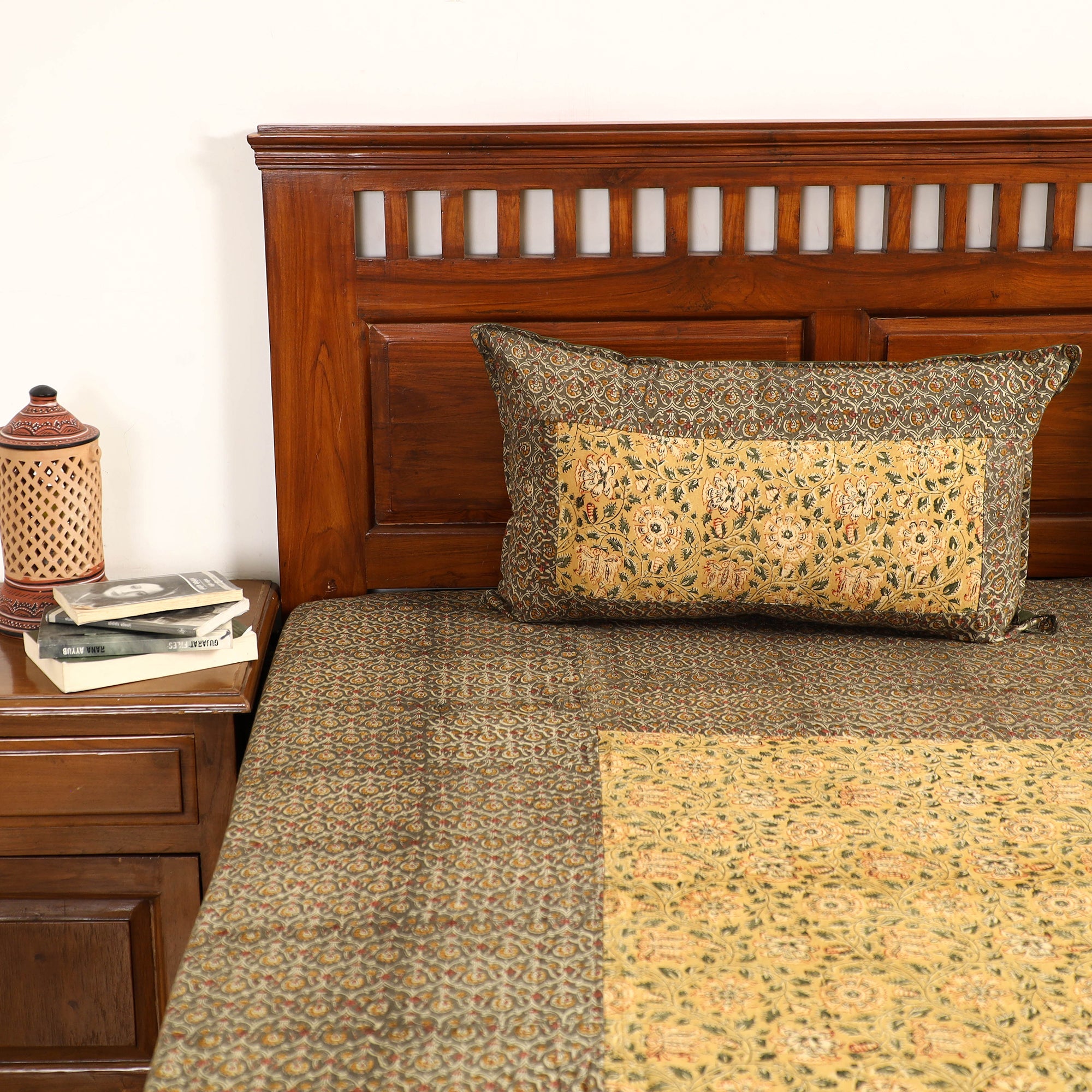 NOORI BAZAR Brown - Kalamkari Block Printed Patchwork Cotton Double Bed Cover With Pillow Covers (108 x 90 in) - view 4