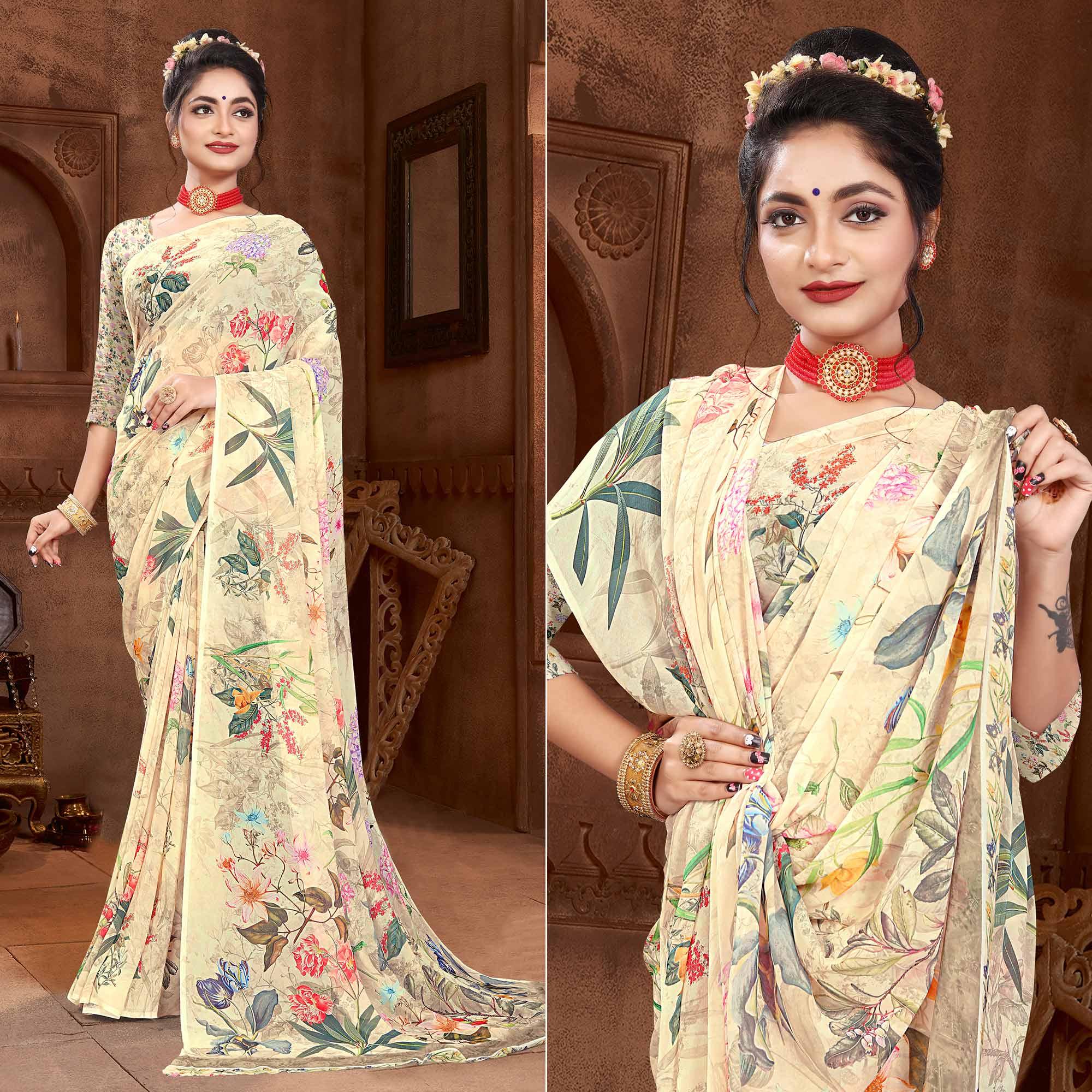 Peachmode Cream Digital Printed Georgette Saree