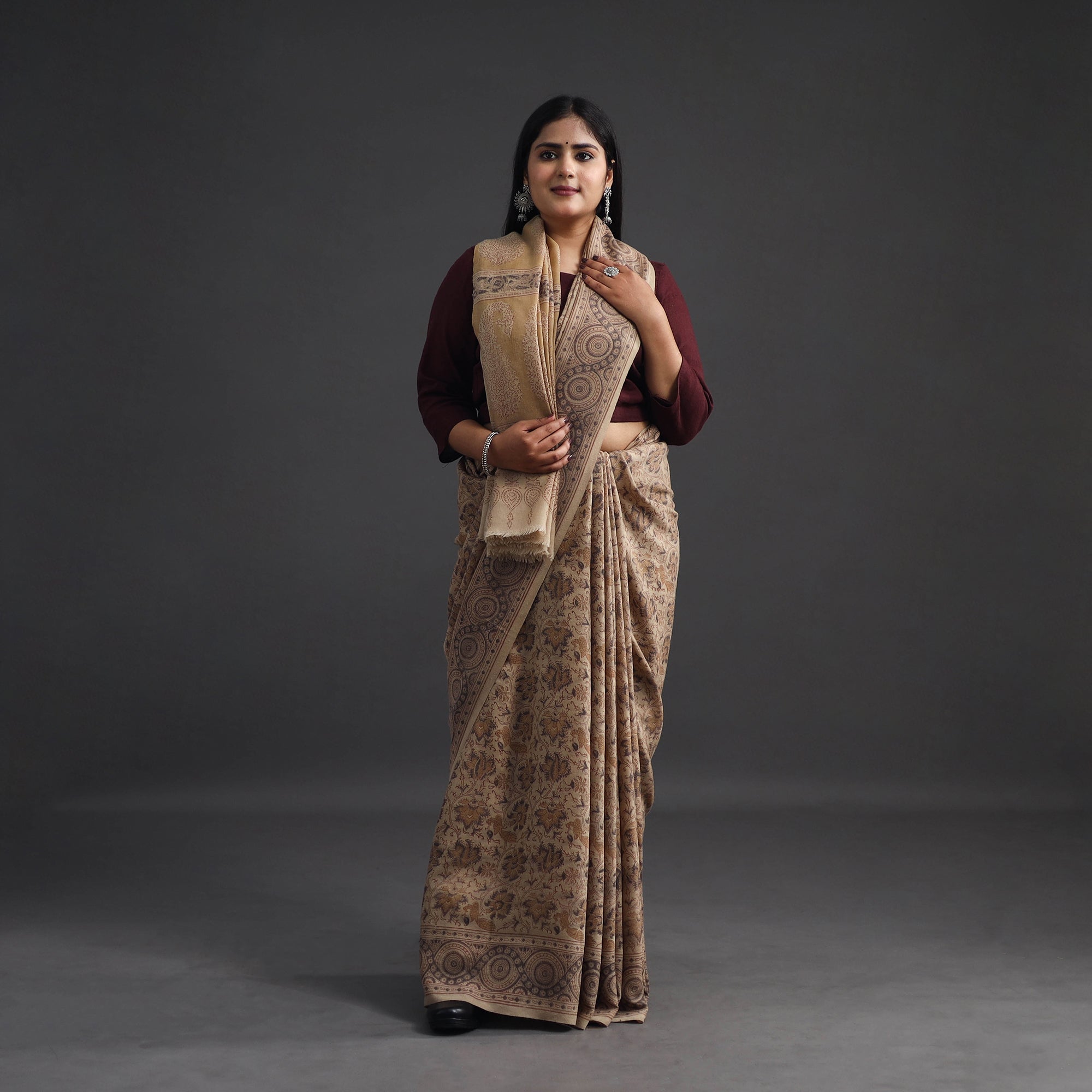 PITCHUKA SRINIVAS KALAMKARI PEDANA Beige - Pedana Block Print Merino Wool Kalamkari Saree 01 - view 2