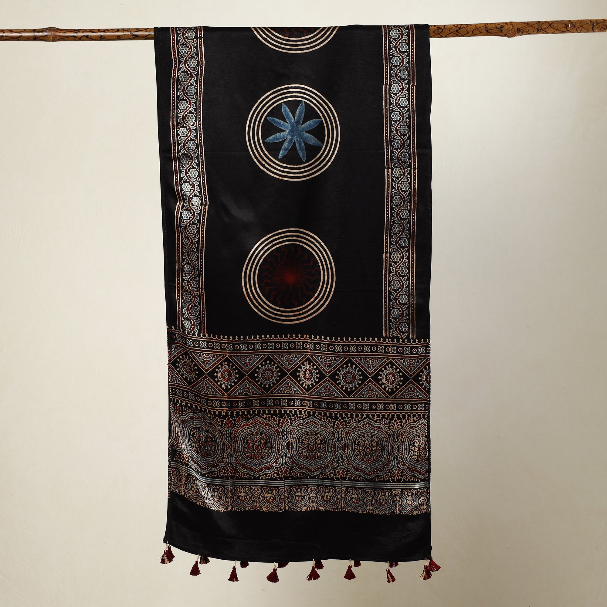 RIYAZ ABDULMAJID KHATRI - AJRAKH Black - Ajrakh Block Printed Mashru Silk Stole with Tassels - view 2