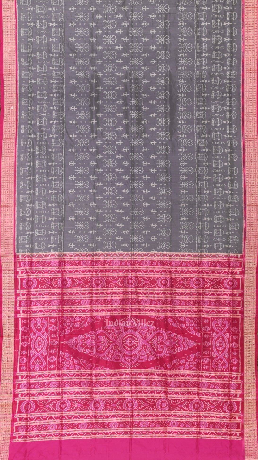 IndianVillèz Cement Gray Rani Pink Tribal Theme Sambalpuri Silk Saree