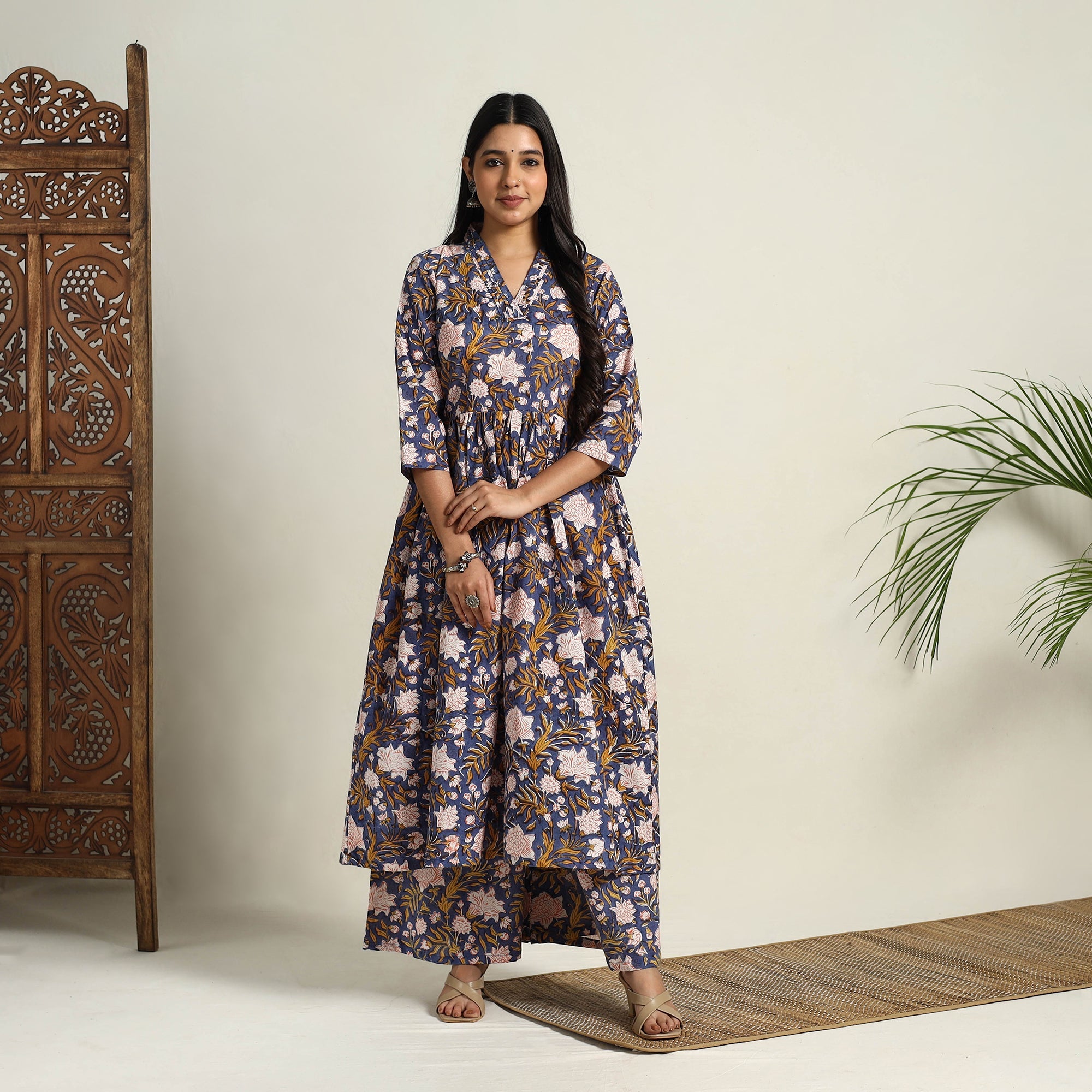 ITOKRI CASUALS Blue - Block Print Cotton Flared Sanganeri Kurta Set 01 - view 2