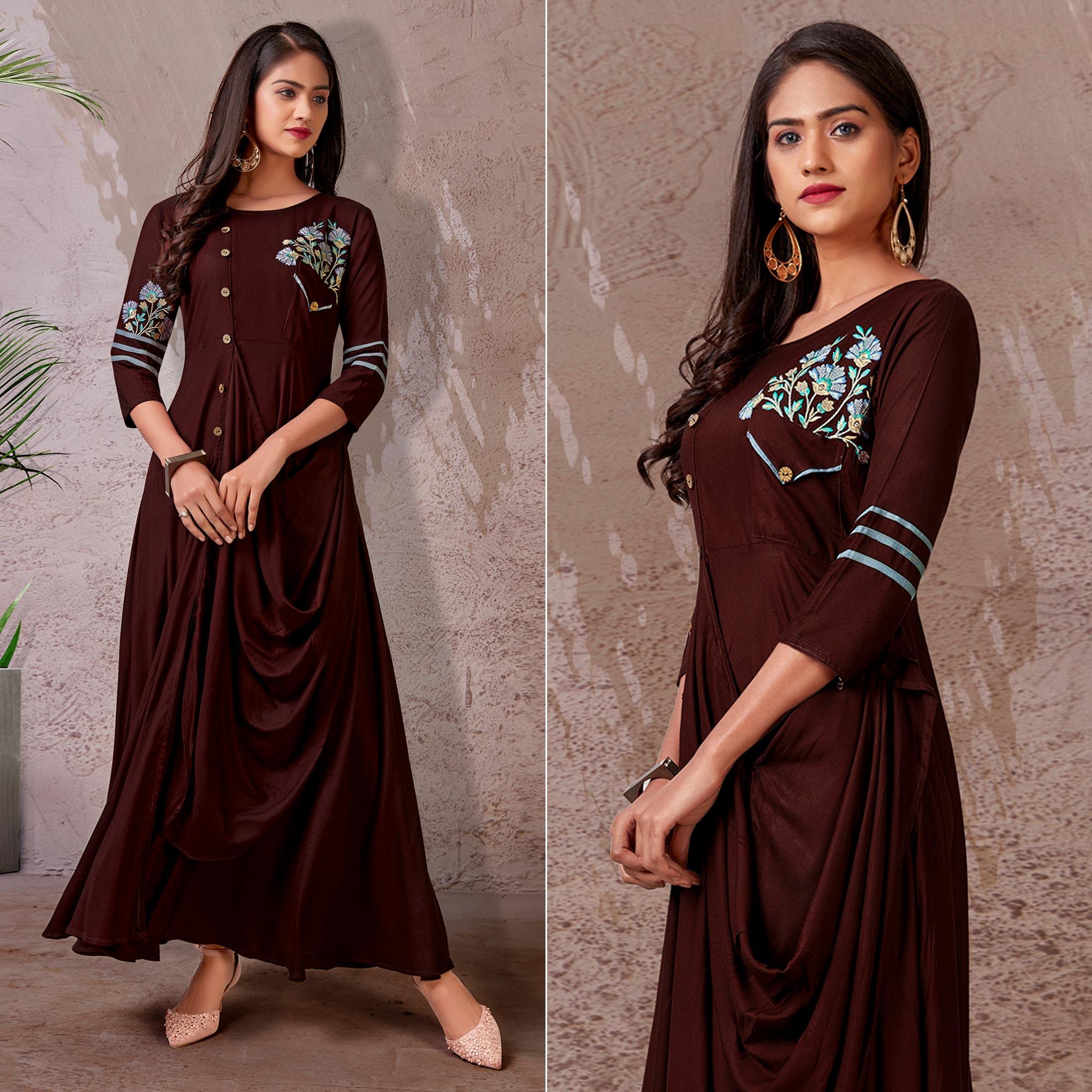 Peachmode Seller Brown Floral Embroidered Rayon Gown
