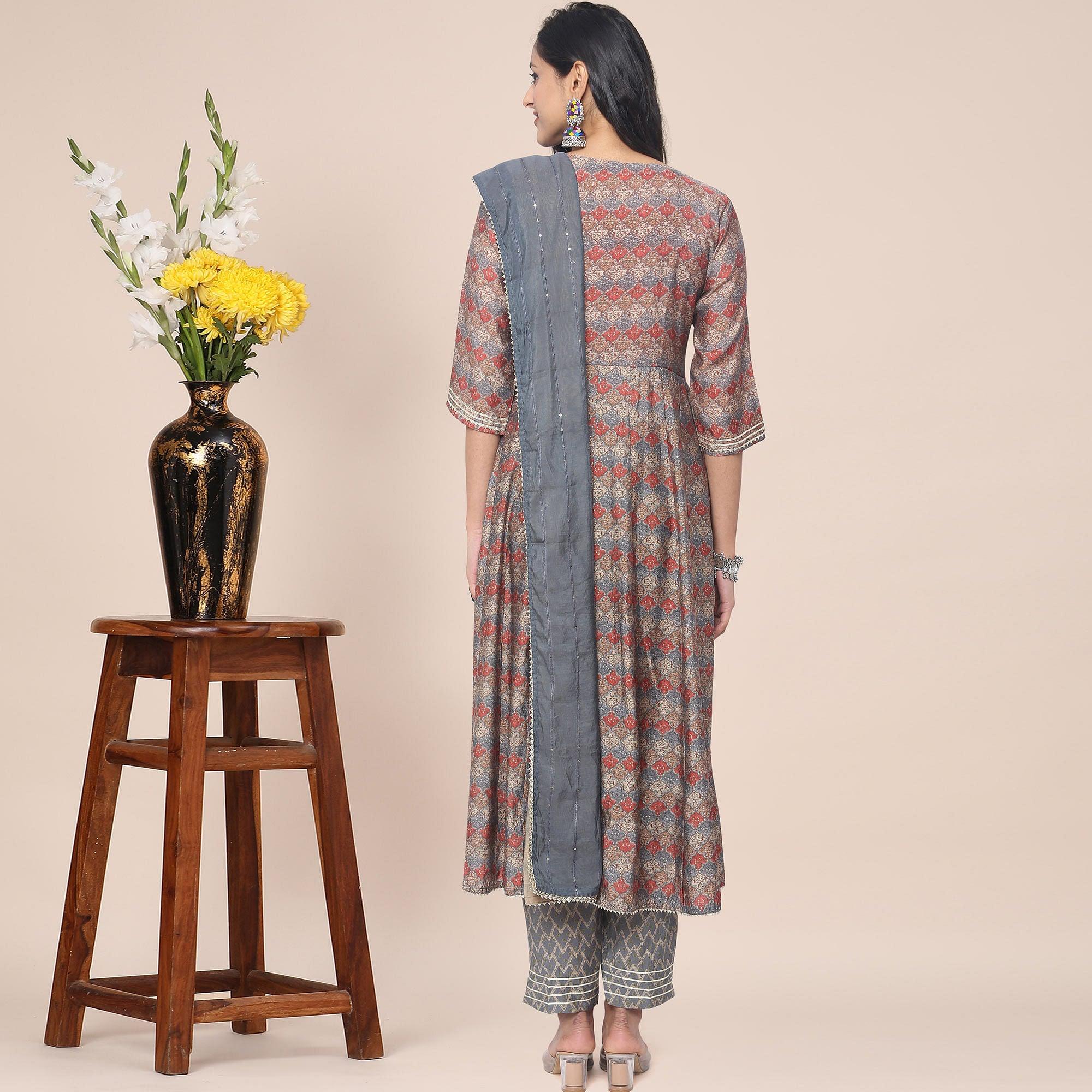 Peachmode Brown Patywear Floral Embroidered With Print Cotton Anarkali Suit - view 4