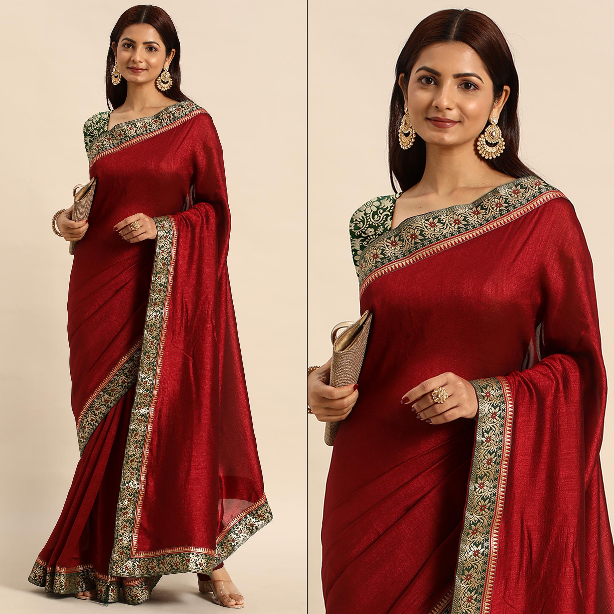 Peachmode Maroon Solid Vichitra Silk Saree With Fancy Border
