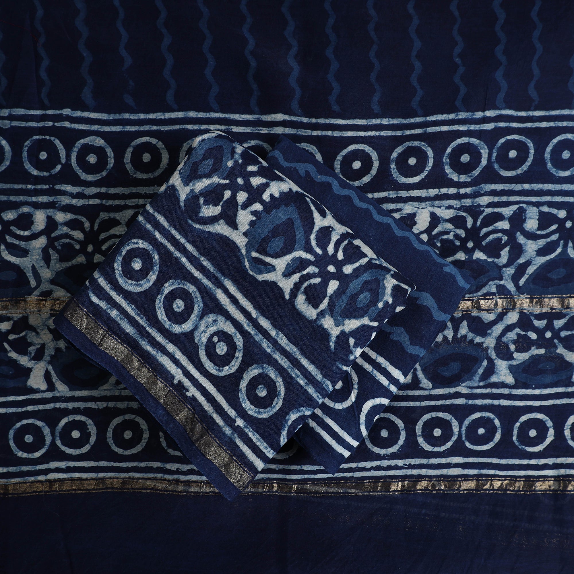 ARTISAN HAND BLOCK PRINTS Blue - 3pc Chanderi Silk Indigo Bagru Print Dress Material 05 - view 2