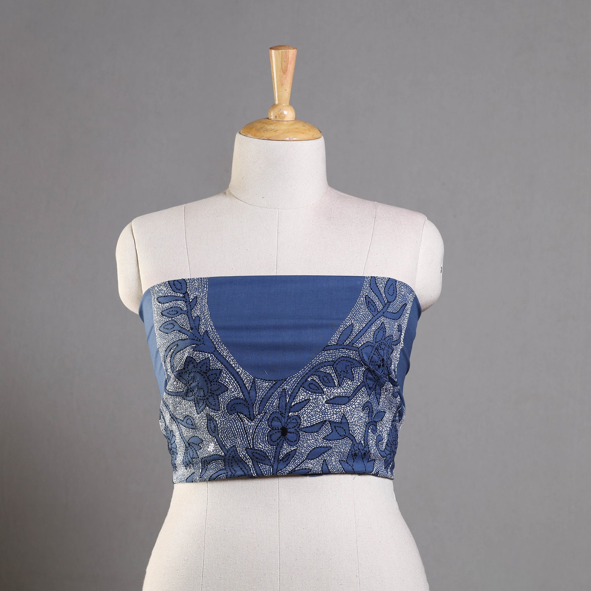 KHUSHBASH - HAPPY LOOM OF EAST Blue - Bengal Kantha Embroidery Cotton Blouse Piece 44