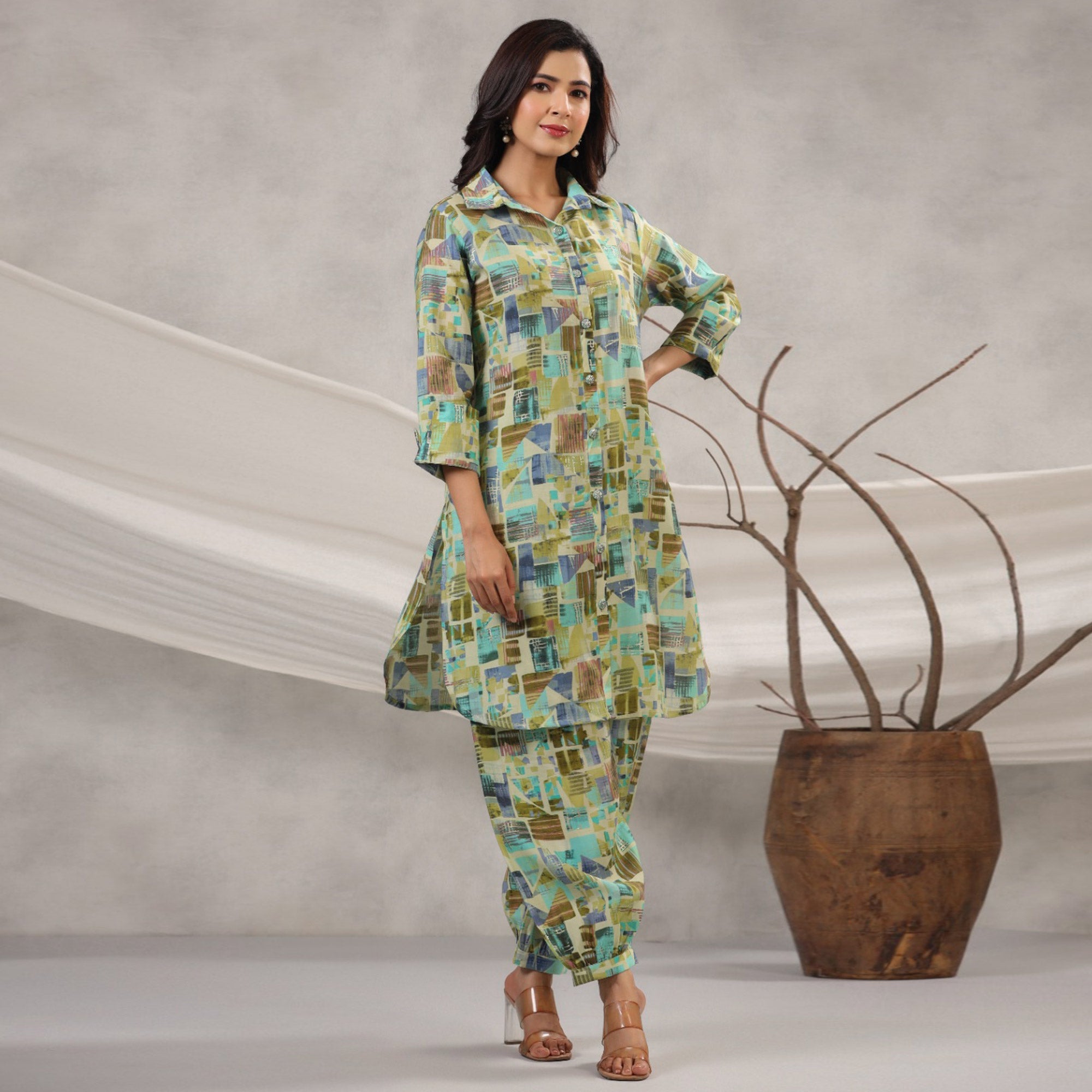 BlackTree green-geometric-printed-muslin-co-ord-set - view 2