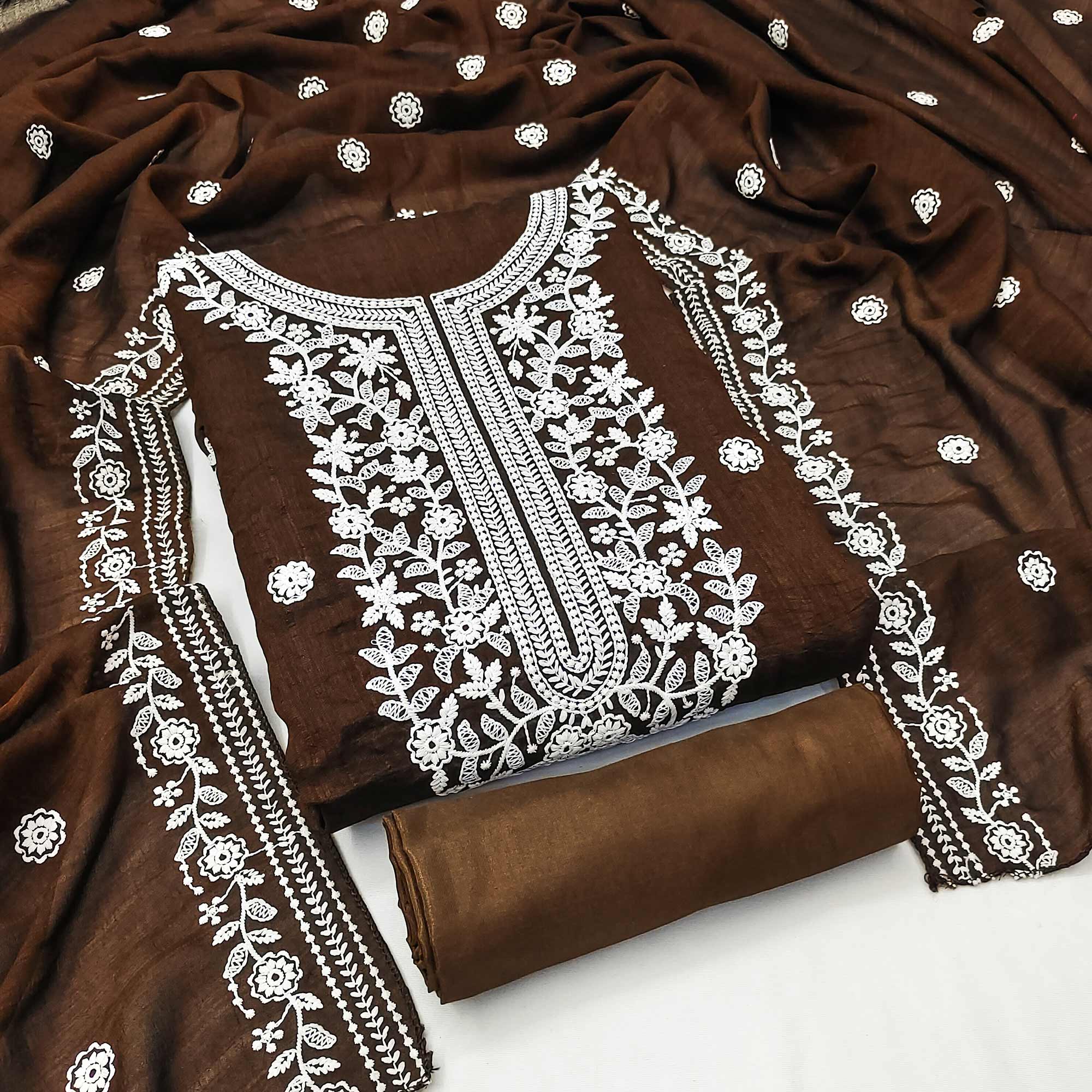 Peachmode Brown Floral Embroidered Vichitra Silk Dress Material