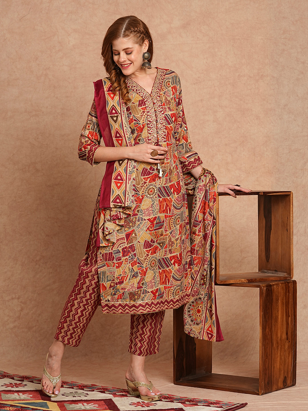 FASHOR Ethnic Foil Printed & Embroidered Straight Kurta with Pant & Dupatta - Maroon - view 2
