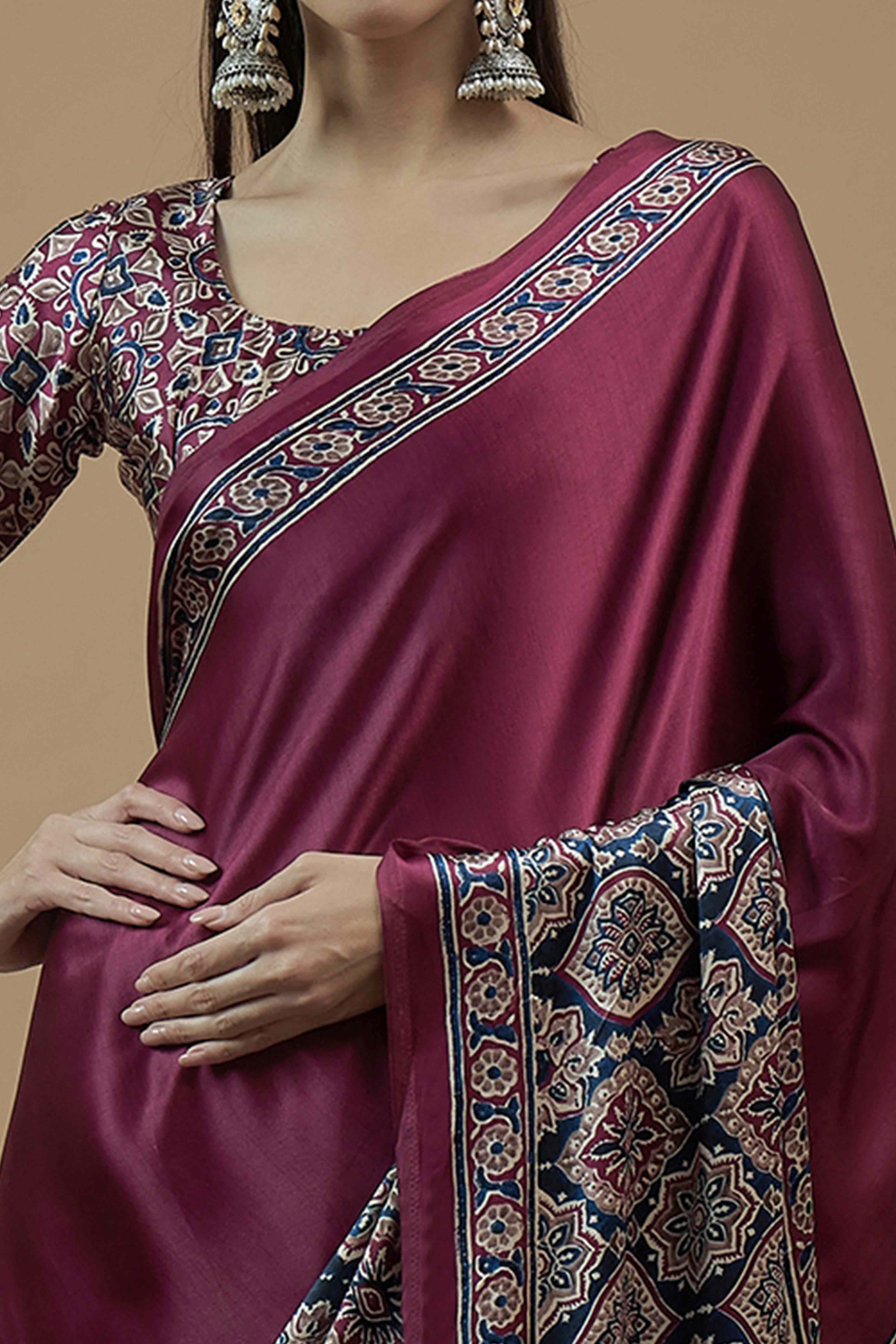 Peachmode Dark Magenta Floral Ajrakh Printed Satin Saree With Tassels - view 2