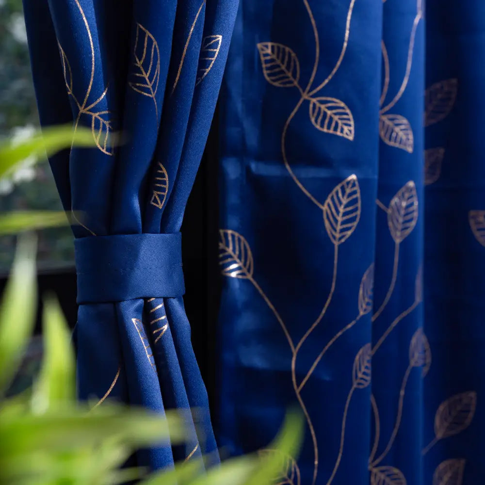 Urban Space -Home Furnishing Store Gold Foil Printed 80-85% Blackout Curtains - Pack of 1 - Leaf- Navy Blue - view 2