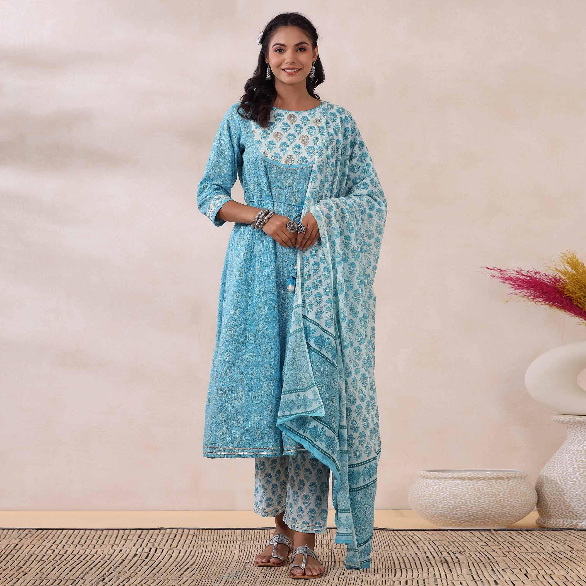 Peachmode Light Blue Printed Pure Cotton Anarkali Suit - view 3