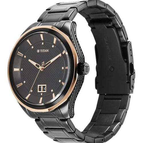 Titan Regalia Opulent Quartz Analog with Date Black Dial Black Stainless Steel Strap Watch for Men 42.5mm NT1829KM04 - view 2