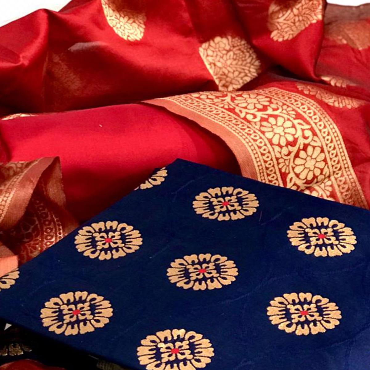 Peachmode Blue-Red Festive Wear Woven Banarasi Silk Dress Material - view 2