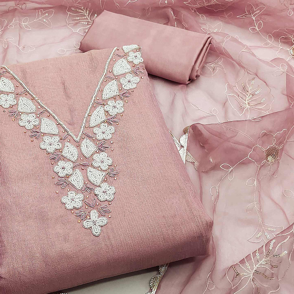 Peachmode Mauve Embroidered Moti Work Pure Cotton Dress Material - view 2