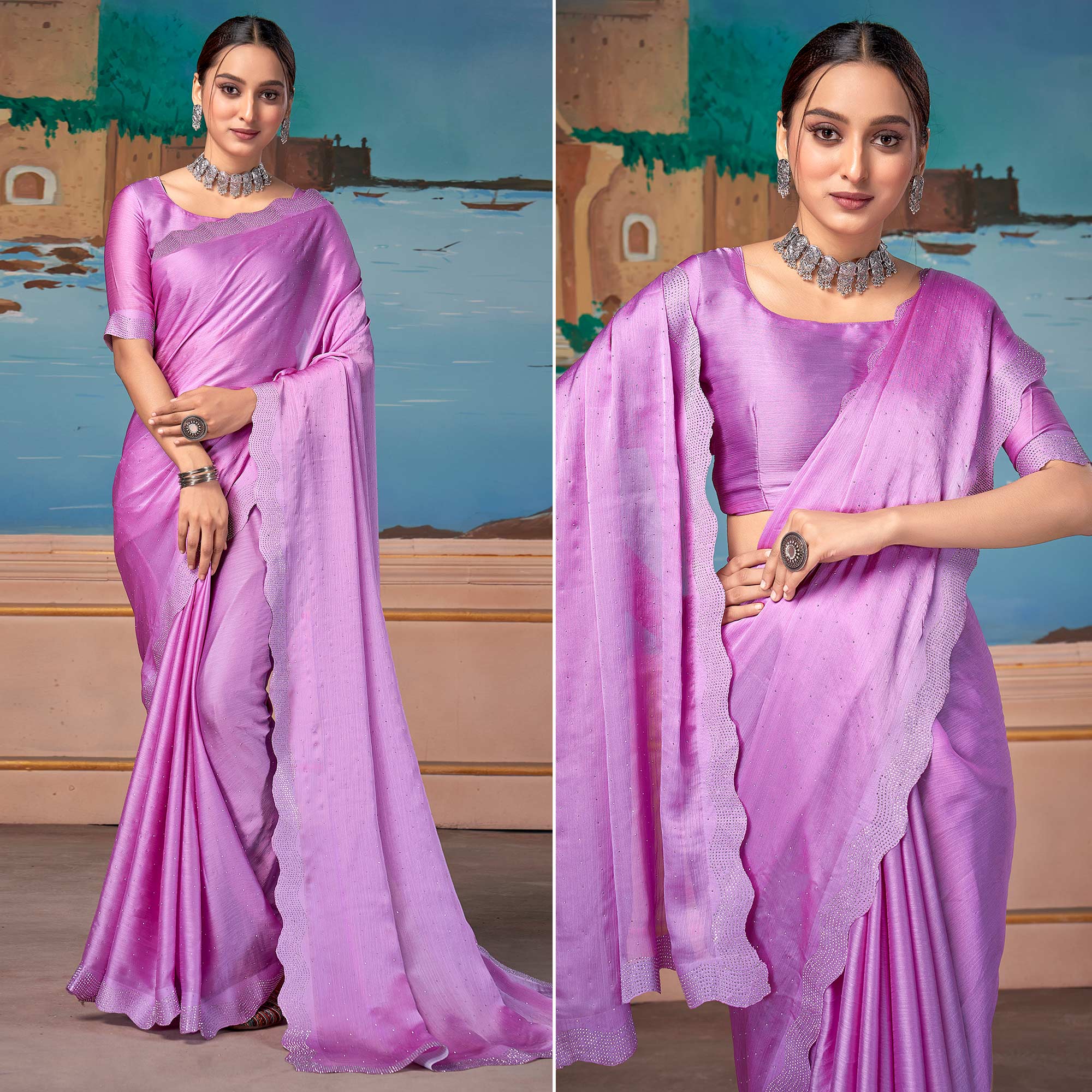 Peachmode Mauve Swarovski Work Satin Saree – Women's