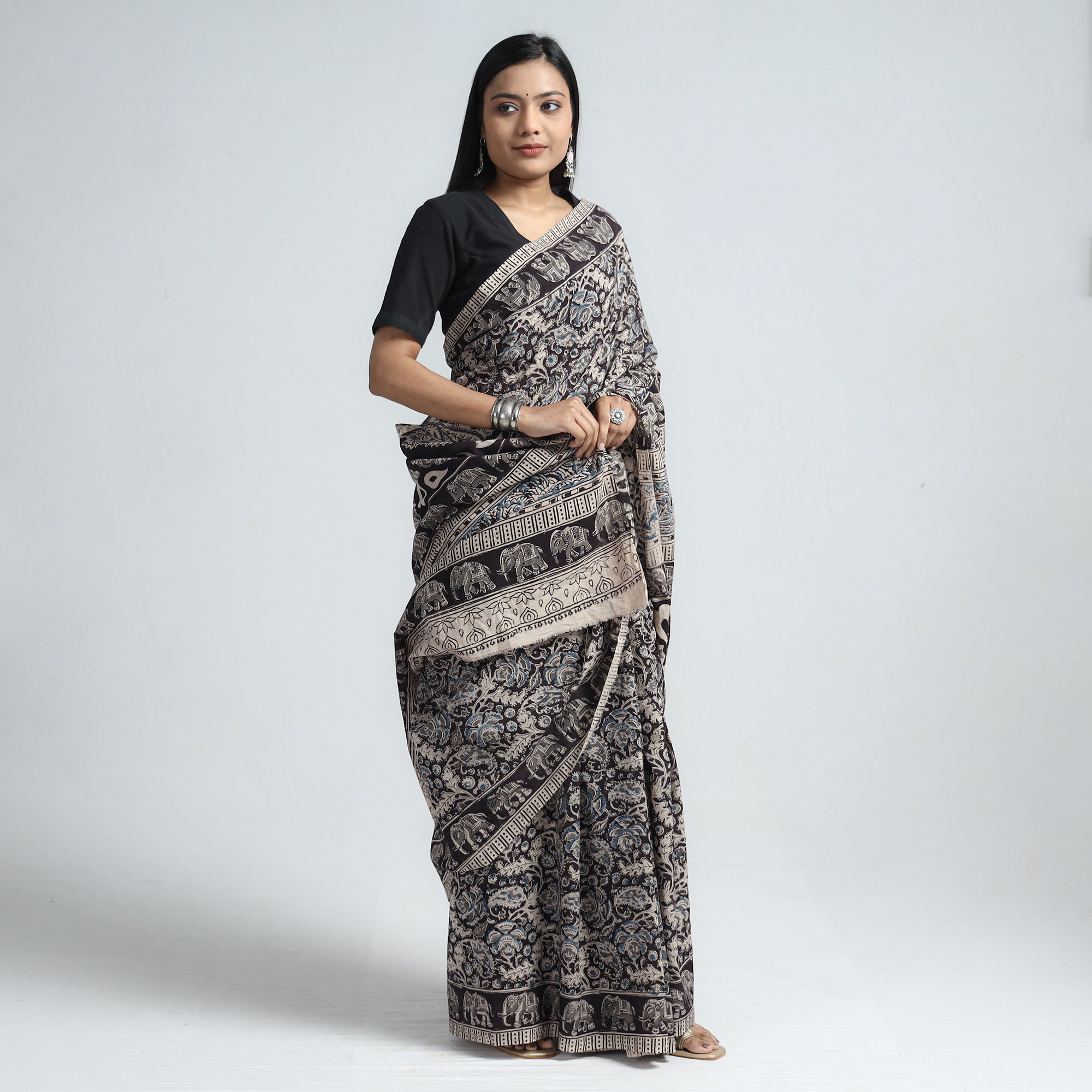 VENKATA BHANU KALAMKARI PEDANA Black - Pedana Block Print Cotton Kalamkari Saree