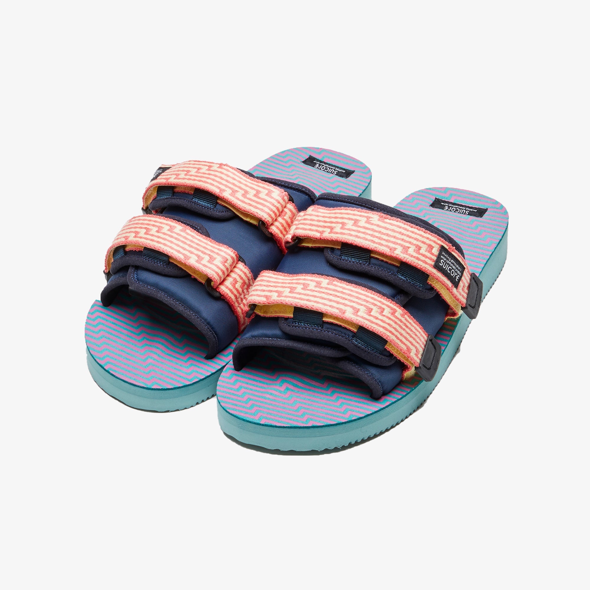 Navy blue sandals, slides – Suicoke | MOTO JACQUARD TOUCH-STRAP { NAVY BLUE/CORAL PINK/SEA GREEN