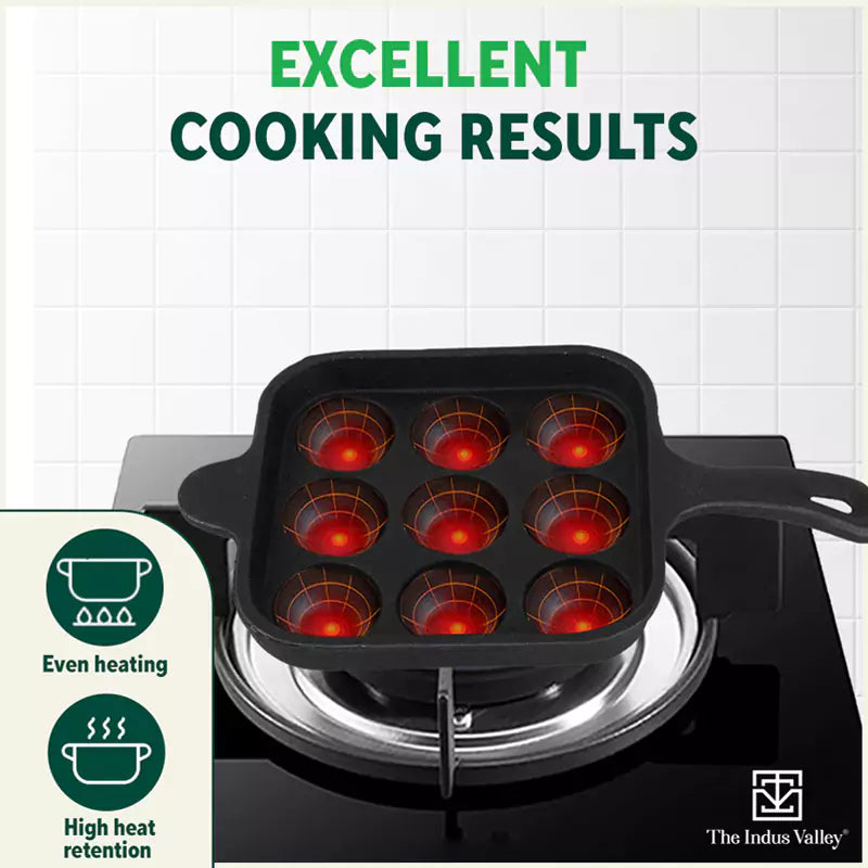 The Indus Valley 9 Pit/Cup CASTrong Cast Iron Paniyaram/Appe Pan+ Cool Silicone Grip, Pre-seasoned, Nonstick, 100% Pure, Toxin-free, 18cm, 2.4 kg - view 7