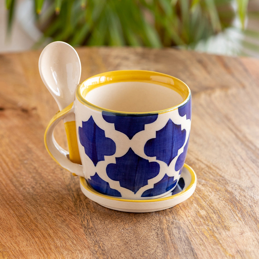 Soup coffee mug – EXCLUSIVELANE Blue - 'Moroccan' Hand-Painted Ceramic Soup & Coffee Mug With Coaster And Spoon (300 ml)