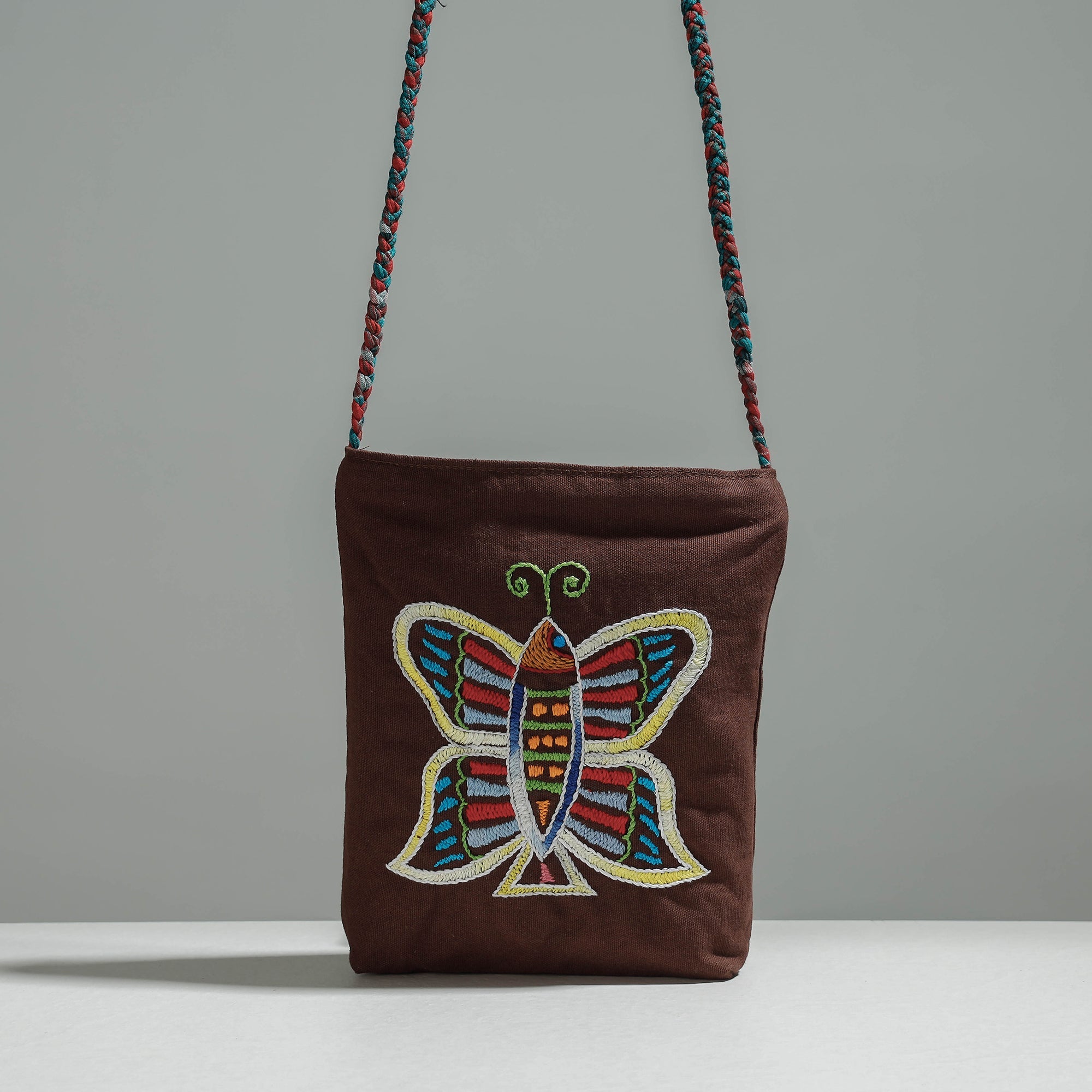 RANGILA DHAGA Brown - Cotton Fabric Hand Embroidered Sling Bag