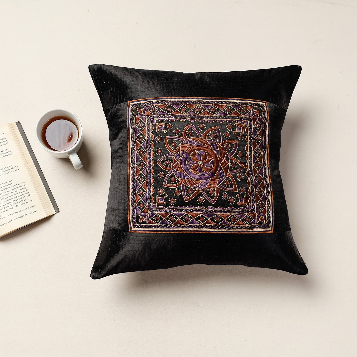 QASAB Black - Kutch Pakko Bherni Hand Embroidery Mashru Silk Cushion Cover (15.5 x 15.5 in)