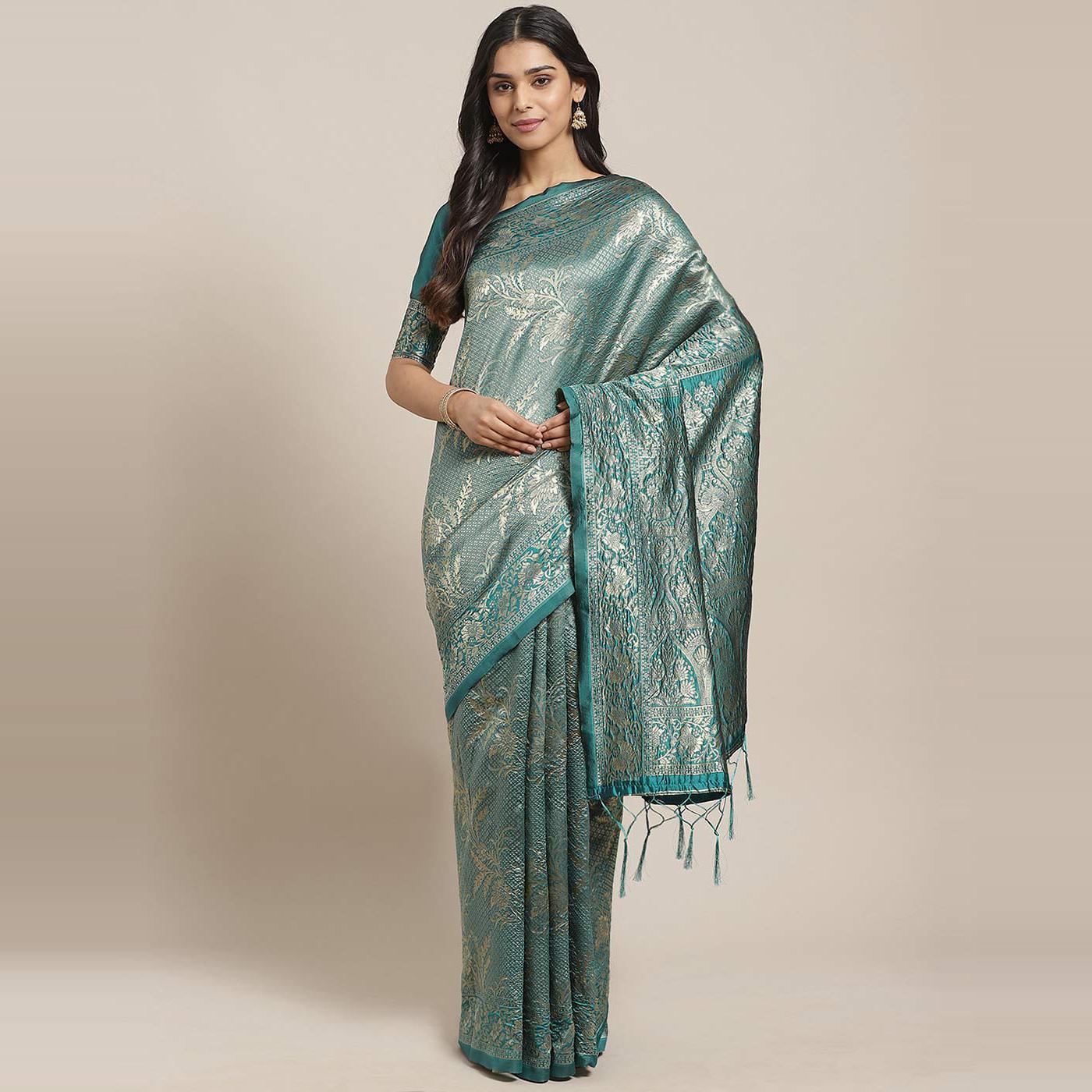 Peachmode Imposing Teal Green Colored Festive Wear Woven Silk Blend Saree