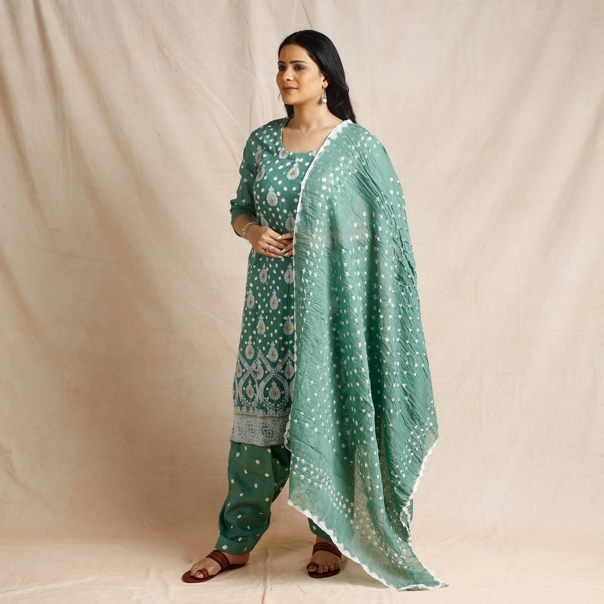 ITOKRI CASUALS Green - - Bandhani Cotton Kurta with Salwar & Dupatta Set