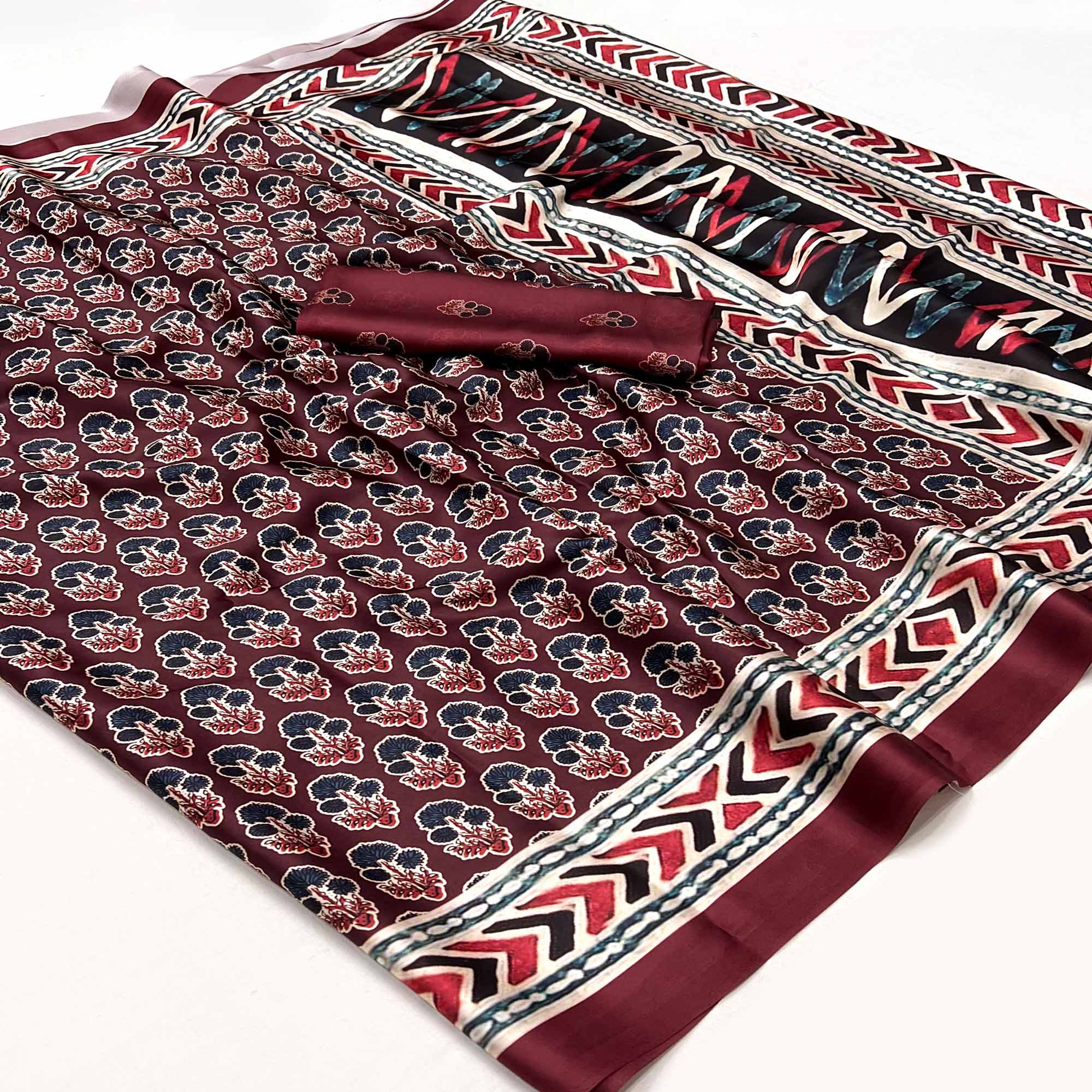 Peachmode Maroon Digital Printed Crepe Saree – Women's