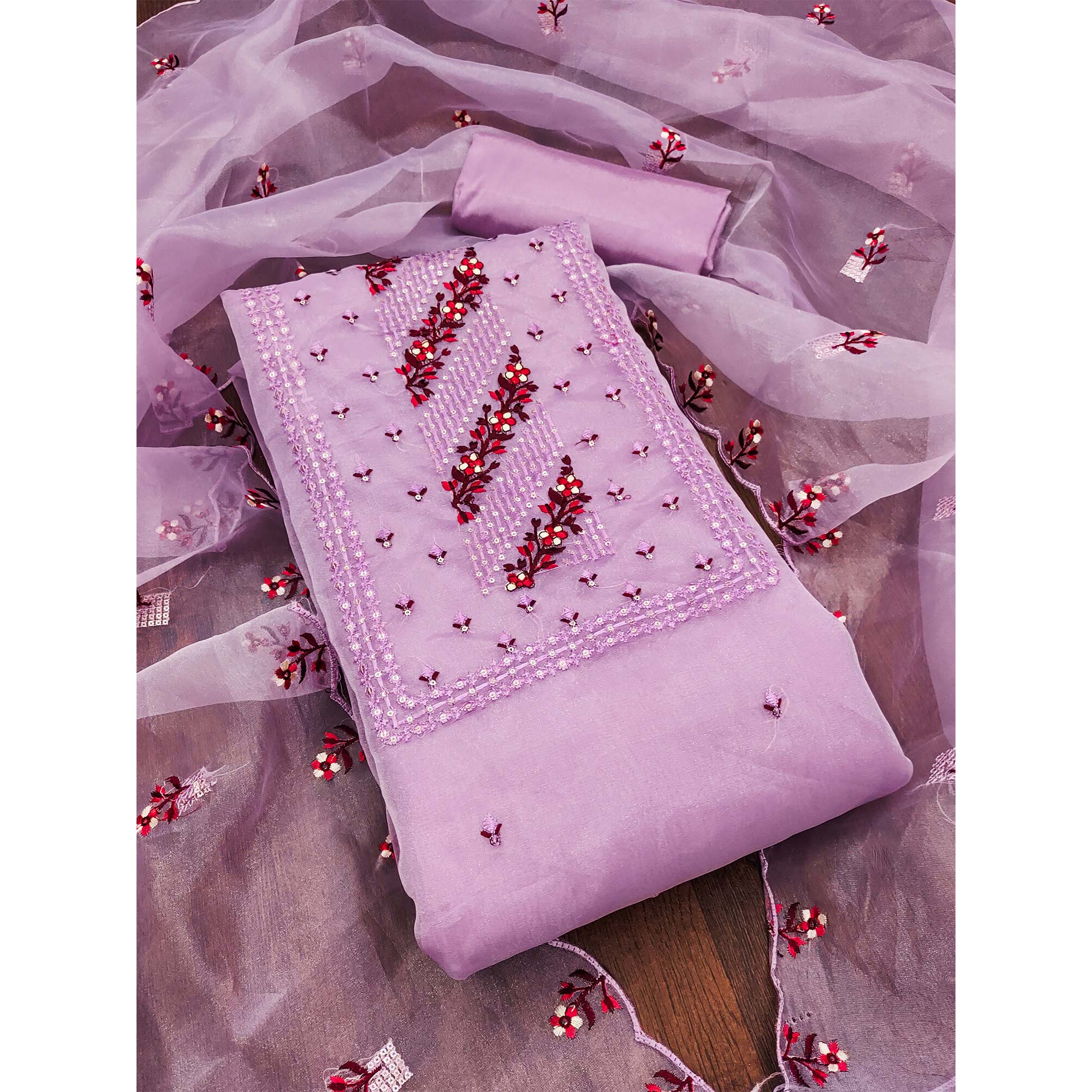Peachmode Light Lavendar Floral Sequins Embroidered Organza Dress Material - view 3