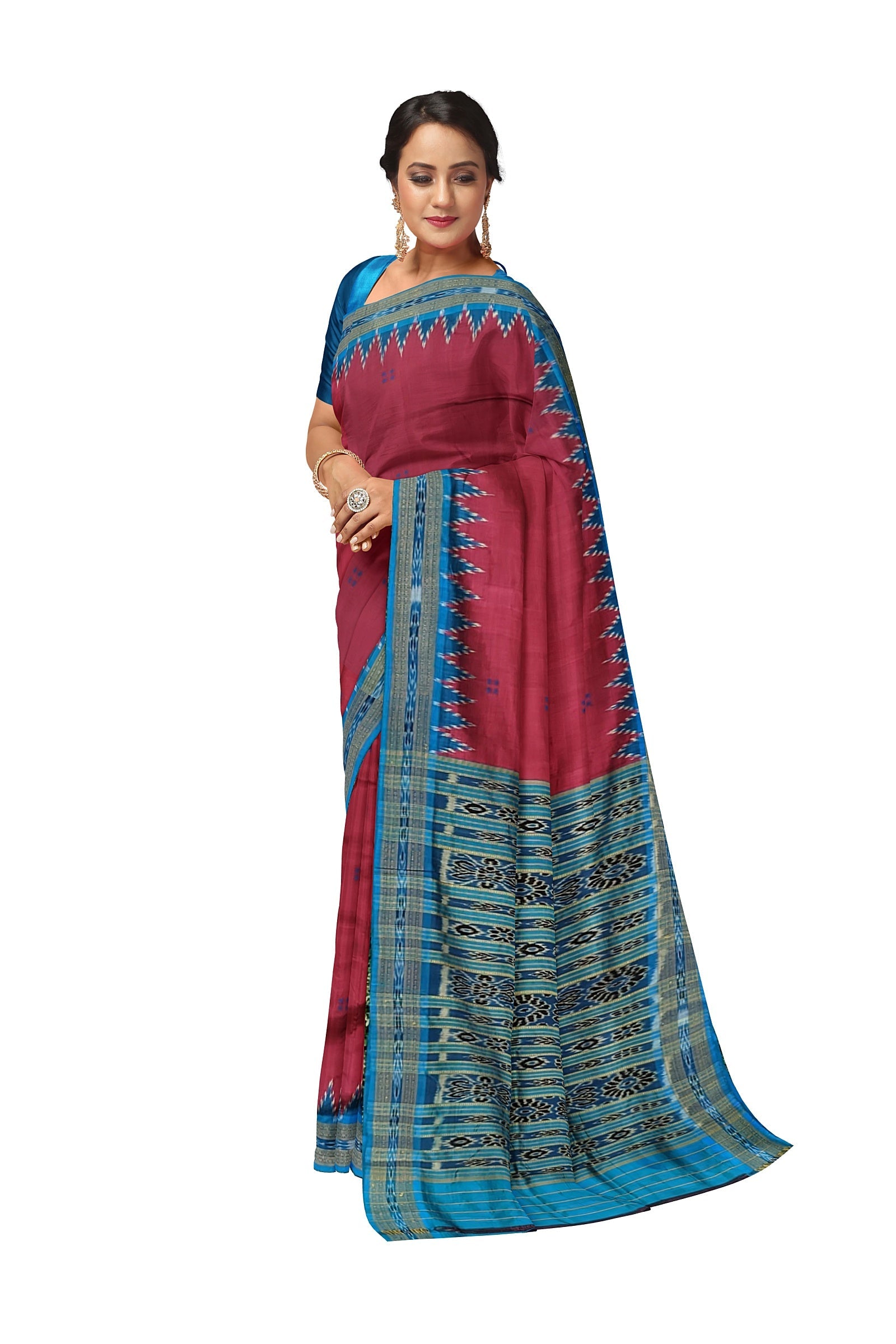 IndianVillèz Maroon Phoda Kumbha Butta Design Odisha Ikat Khandua Silk Saree