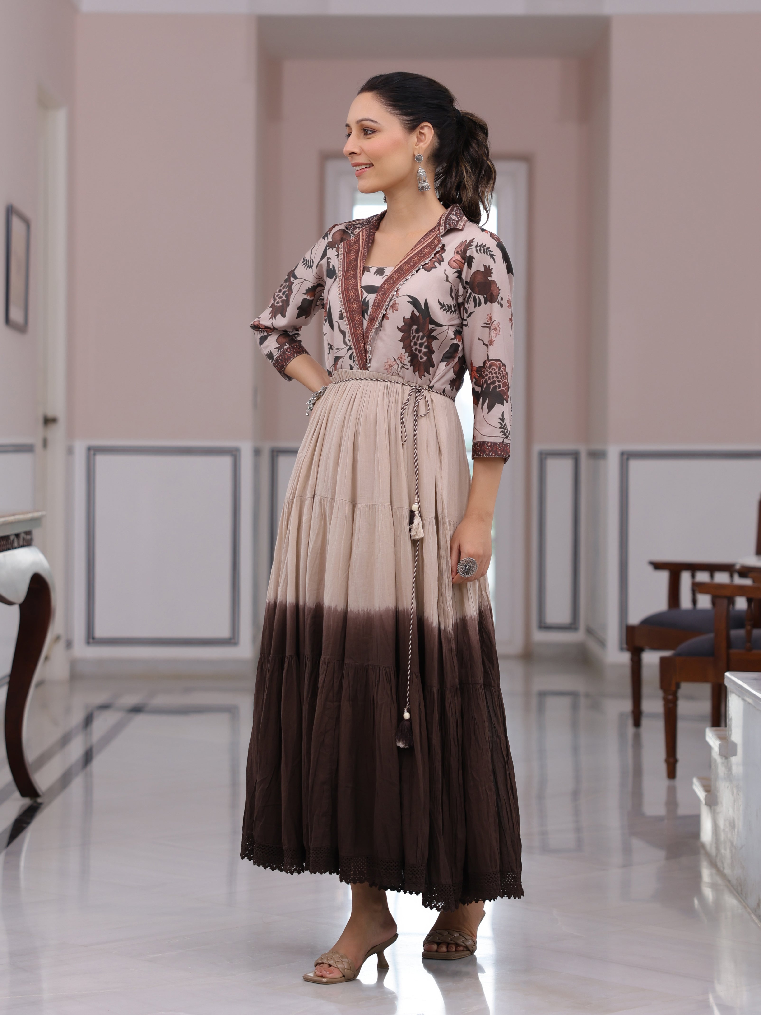 Fashor Floral Printed Ombre Dyed Pearl Beading Embellished Tiered Dress - Beige & Brown - view 4